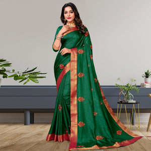 Green Embroidered Vichitra Silk Saree - Peachmode