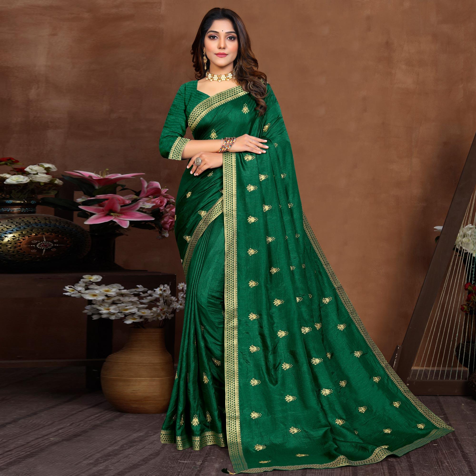 Green Embroidered Vichitra Silk Saree - Peachmode