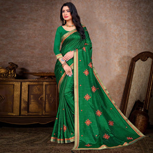 Green Embroidered Vichitra Silk Saree - Peachmode