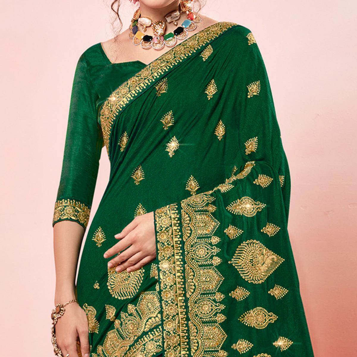 Green Embroidered Vichitra Silk Saree - Peachmode
