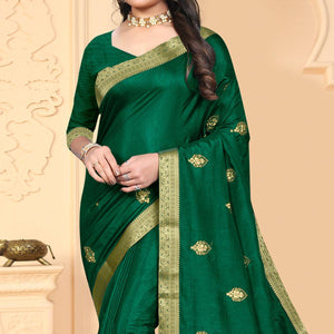 Green Embroidered Vichitra Silk Saree - Peachmode