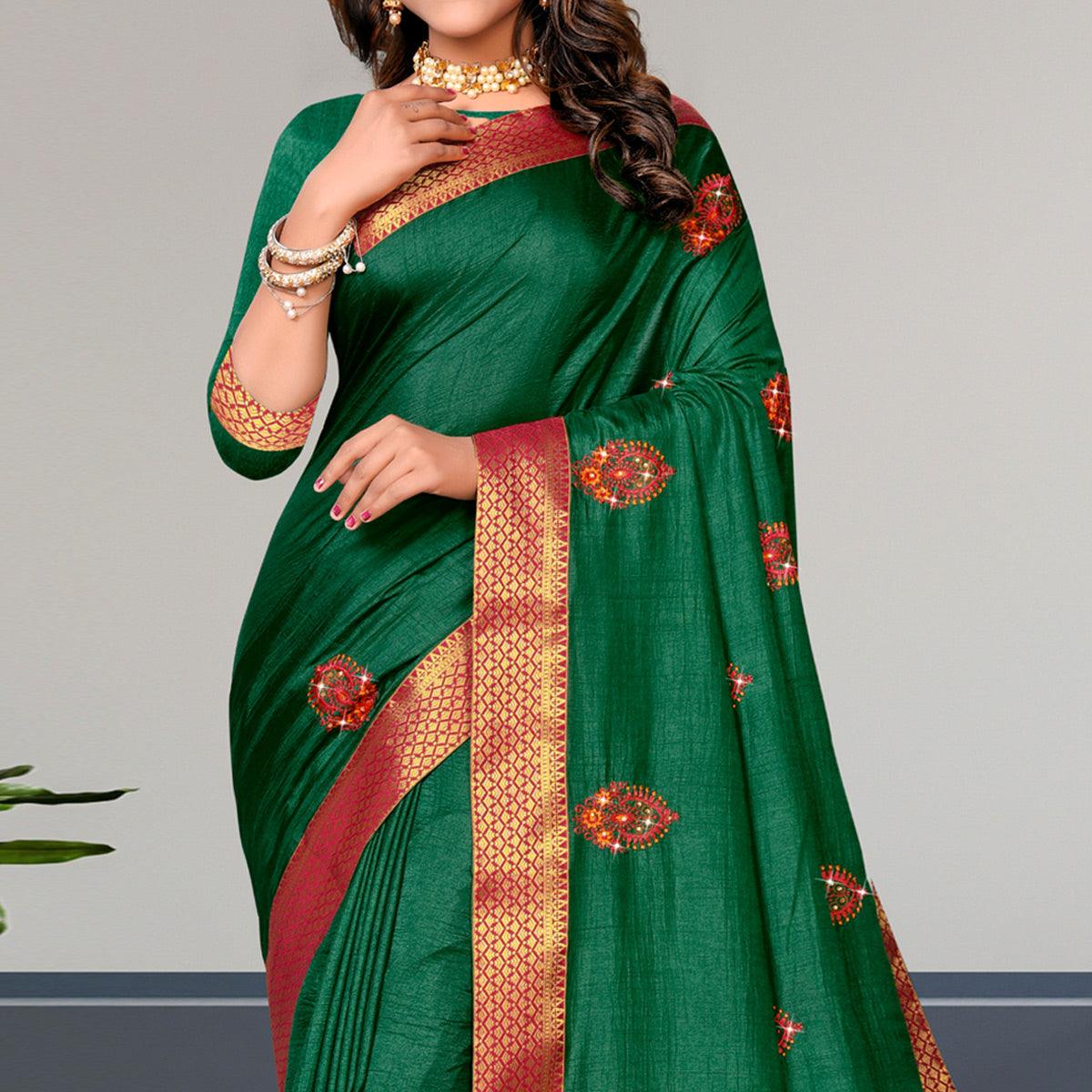 Green Embroidered Vichitra Silk Saree - Peachmode