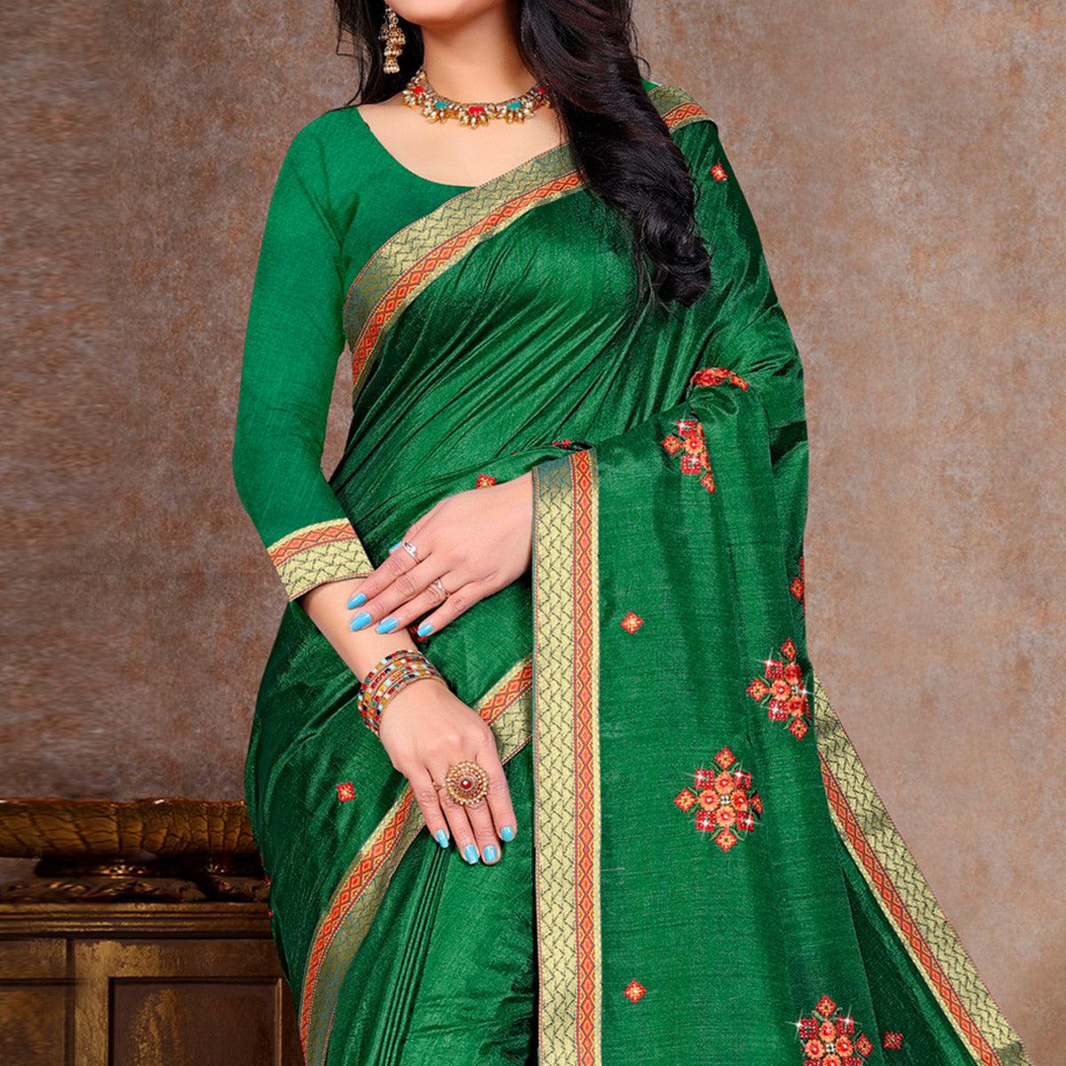Green Embroidered Vichitra Silk Saree - Peachmode
