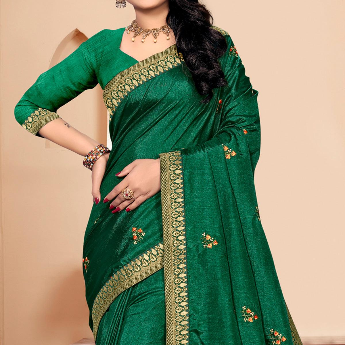 Green Embroidered Vichitra Silk Saree - Peachmode