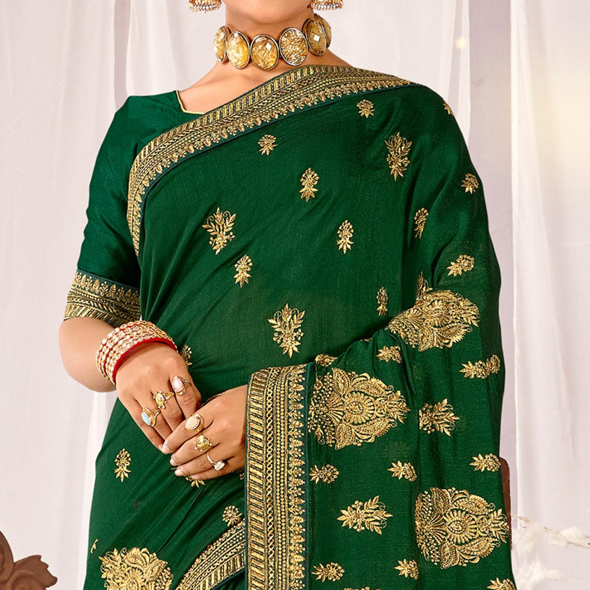 Green Embroidered Vichitra Silk Saree - Peachmode