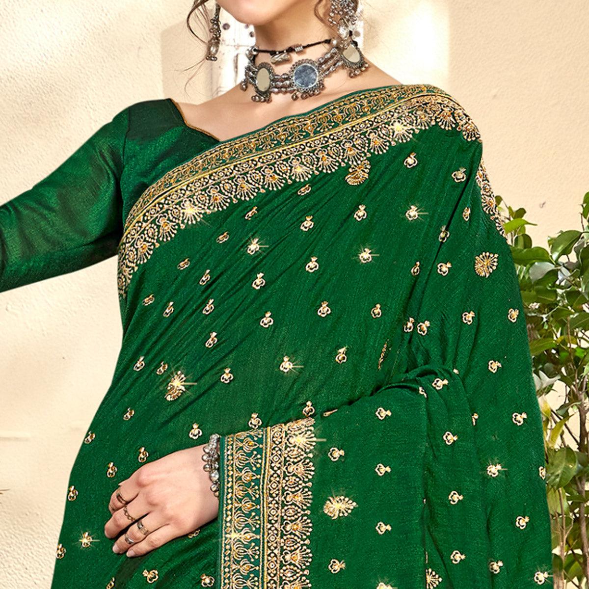 Green Embroidered Vichitra Silk Saree - Peachmode