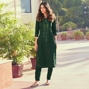 Green Embroidered Viscose Kurti Pant Set - Peachmode