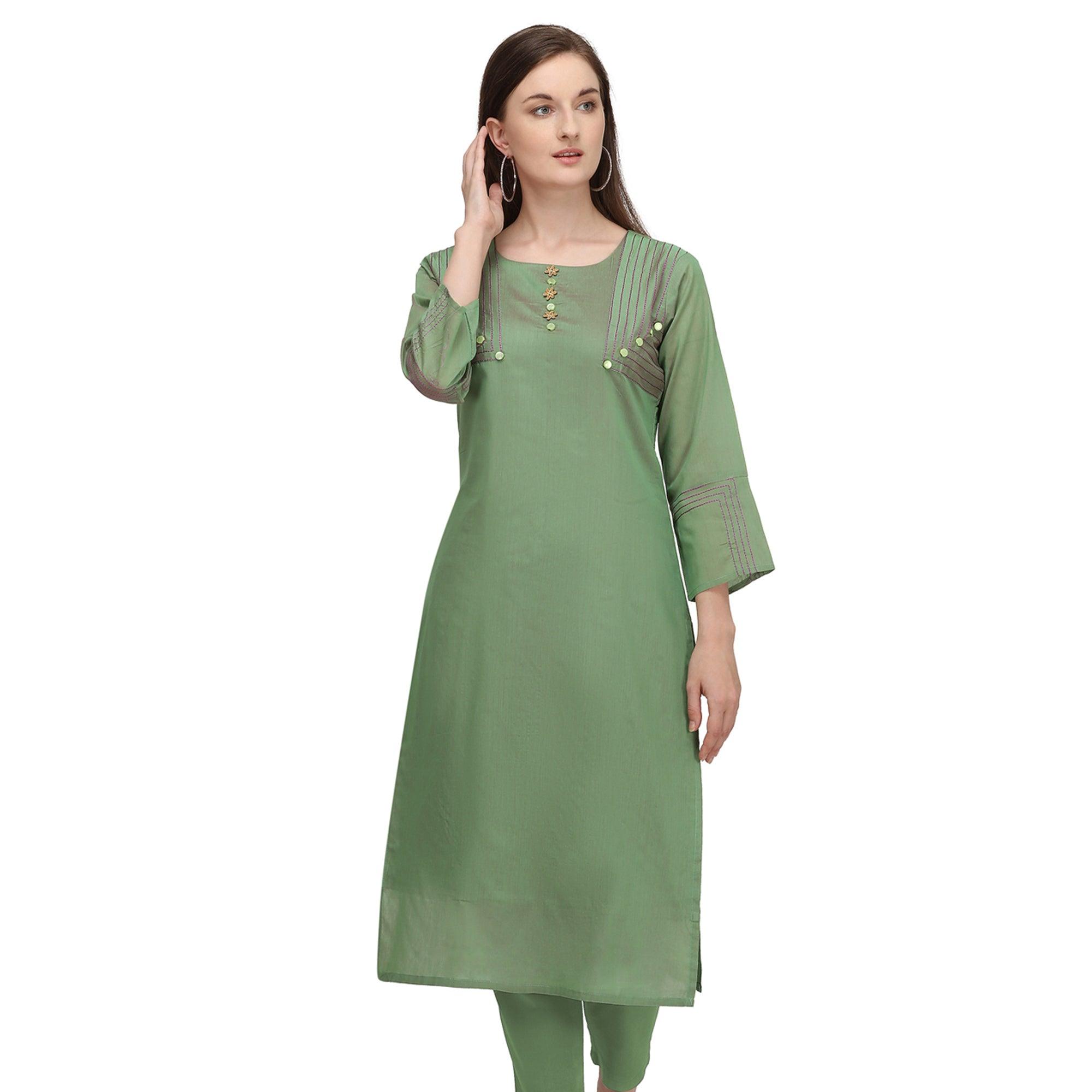 Green Embroidered Viscose Kurti - Peachmode
