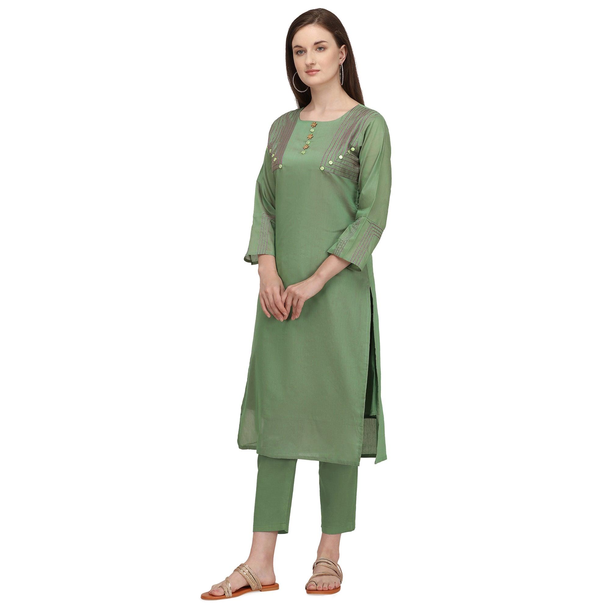 Green Embroidered Viscose Kurti - Peachmode