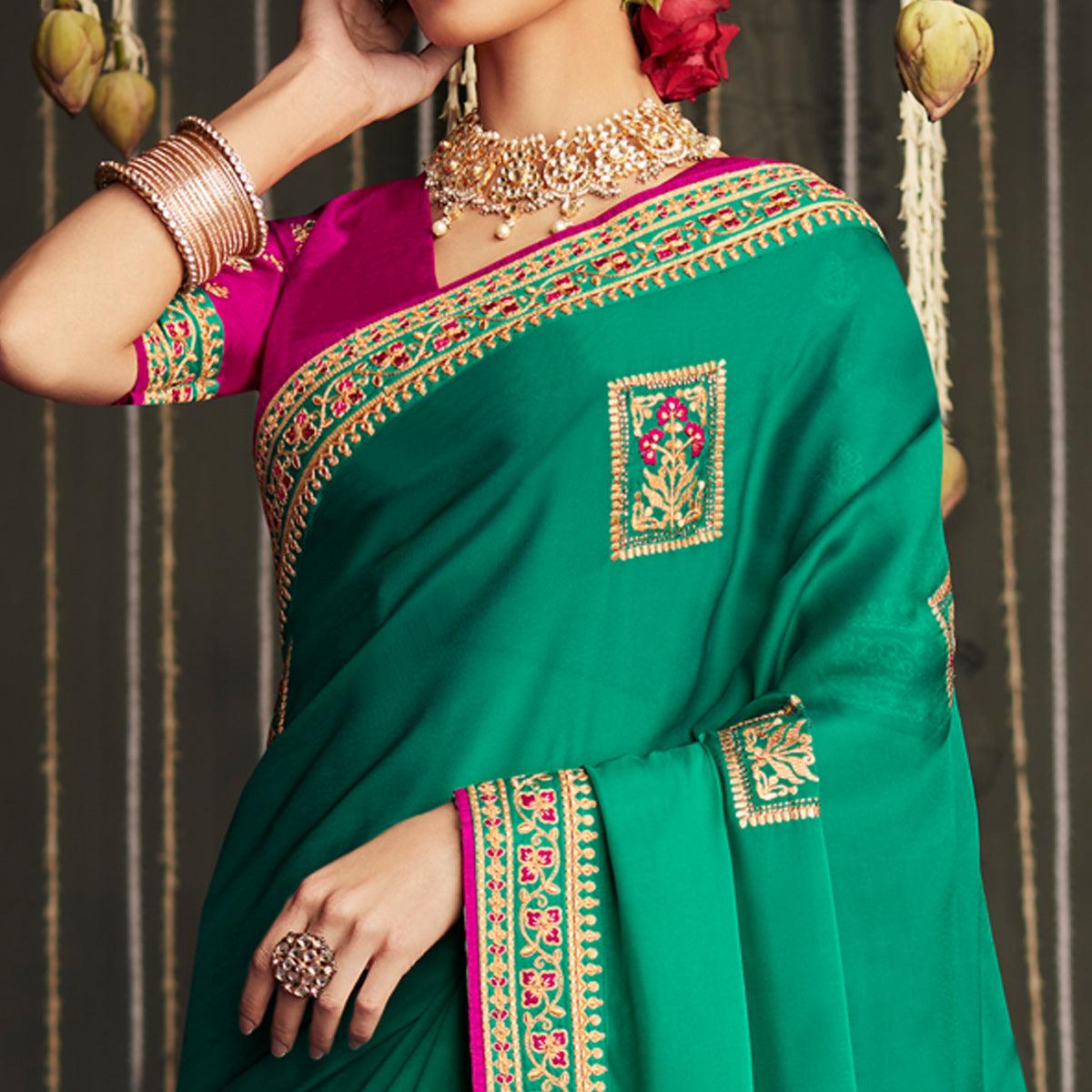 Green Embroidered With Embellished Art Silk Saree With Tassels - Peachmode