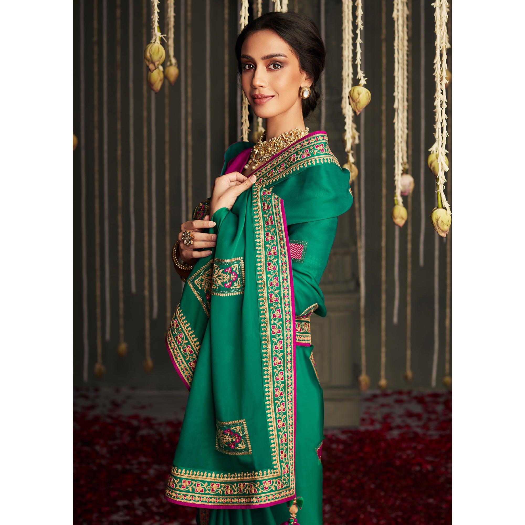 Green Embroidered With Embellished Art Silk Saree With Tassels - Peachmode