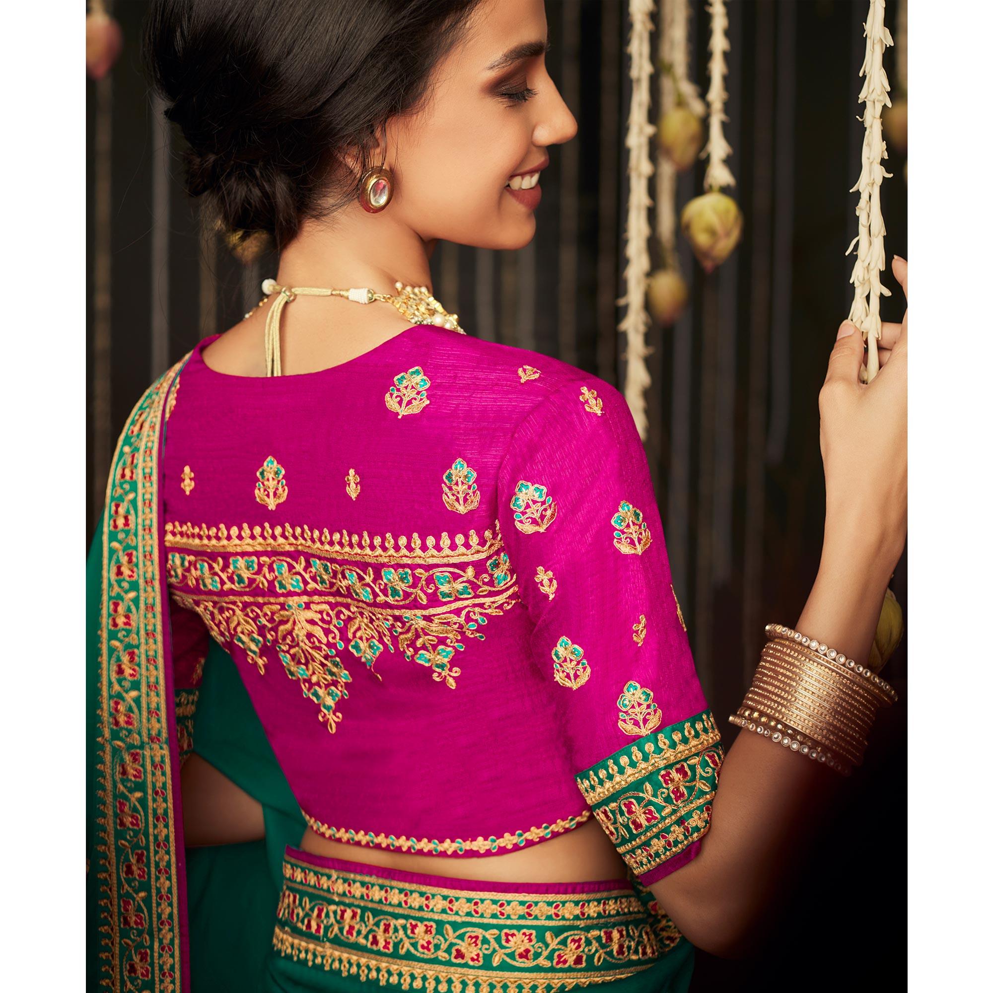 Green Embroidered With Embellished Art Silk Saree With Tassels - Peachmode