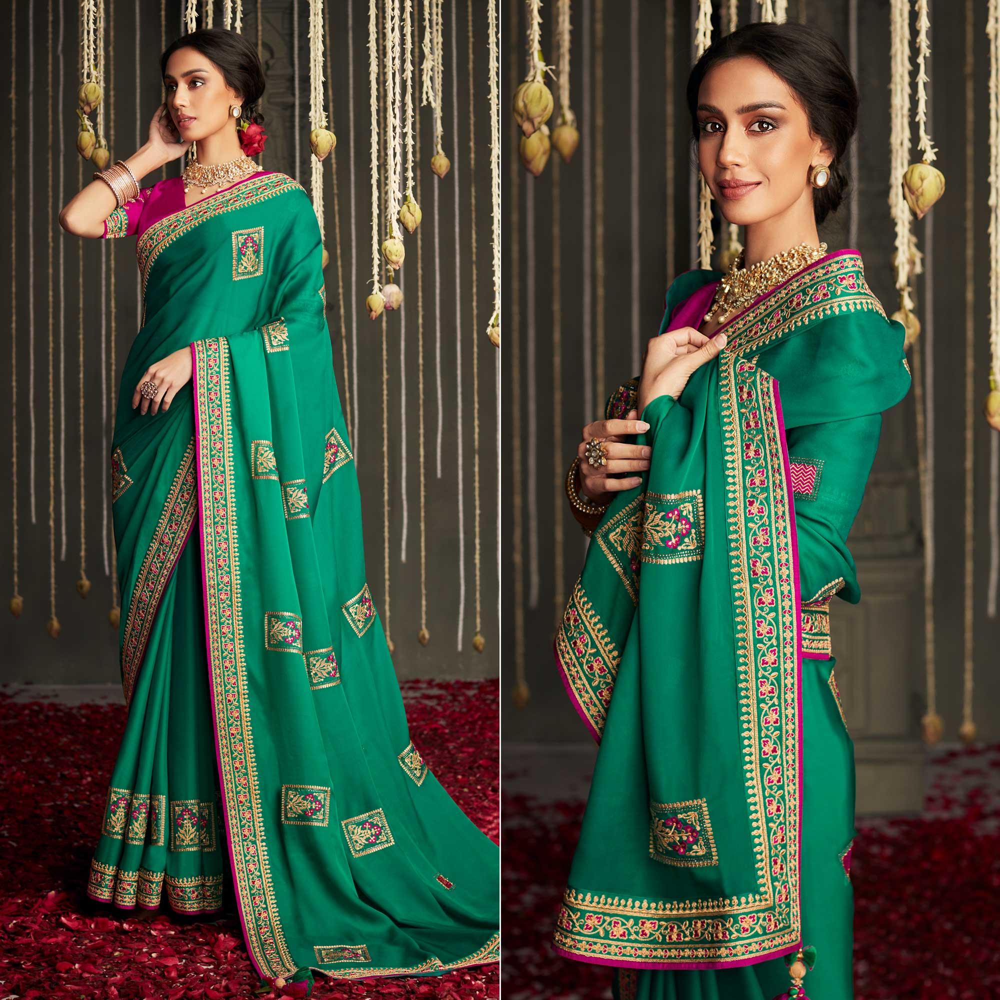 Green Embroidered With Embellished Art Silk Saree With Tassels - Peachmode
