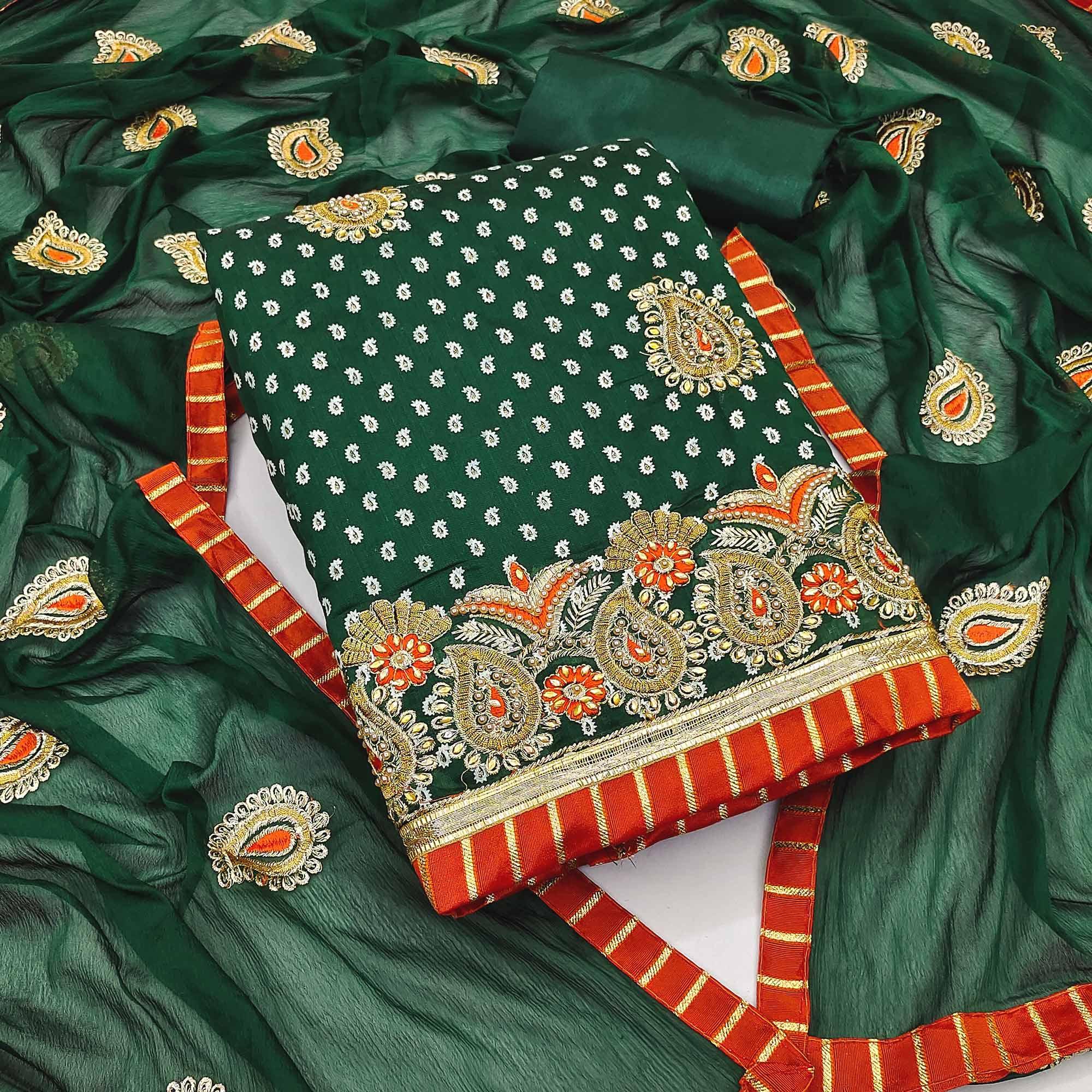 Green Embroidered With Embellished Chanderi Dress Material - Peachmode