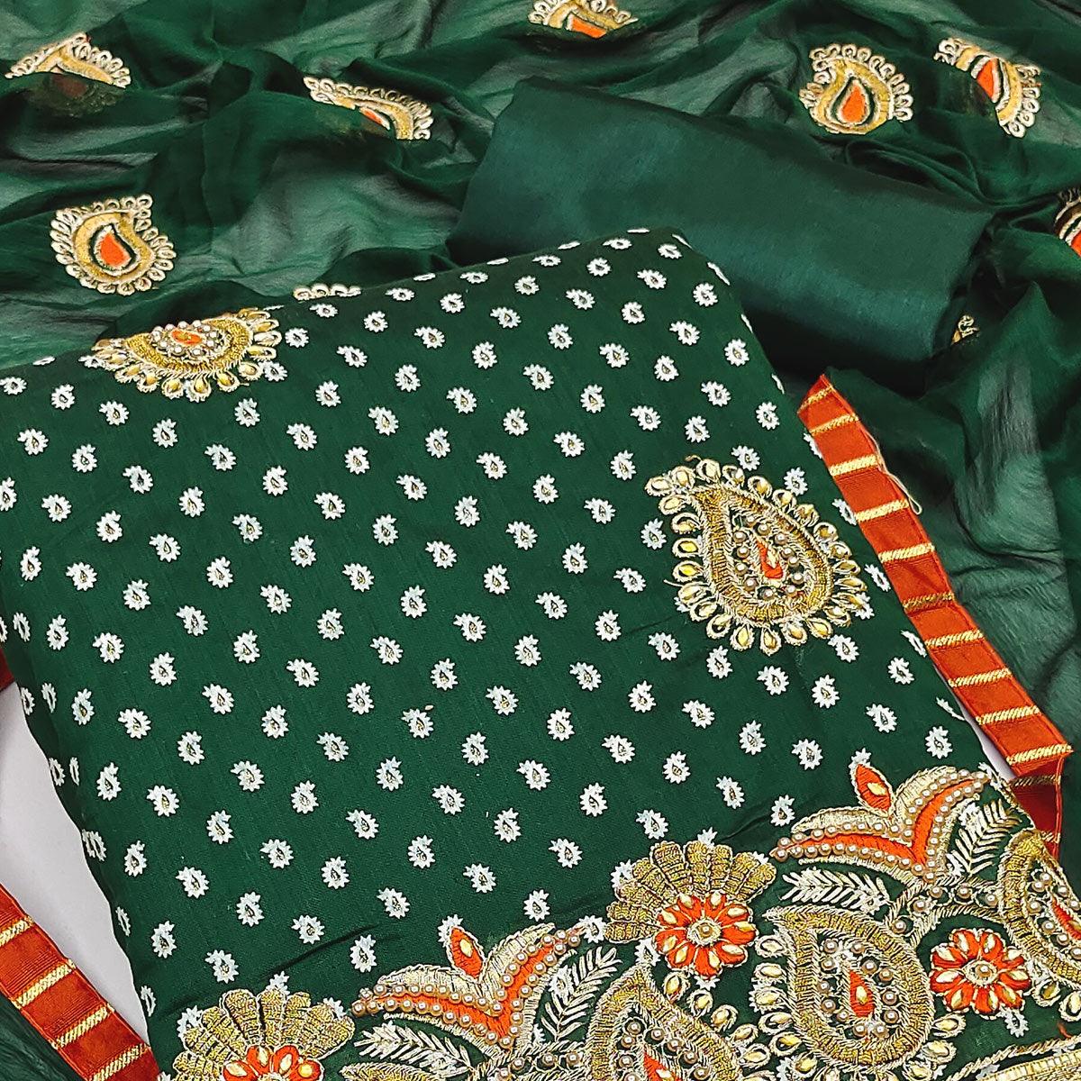 Green Embroidered With Embellished Chanderi Dress Material - Peachmode