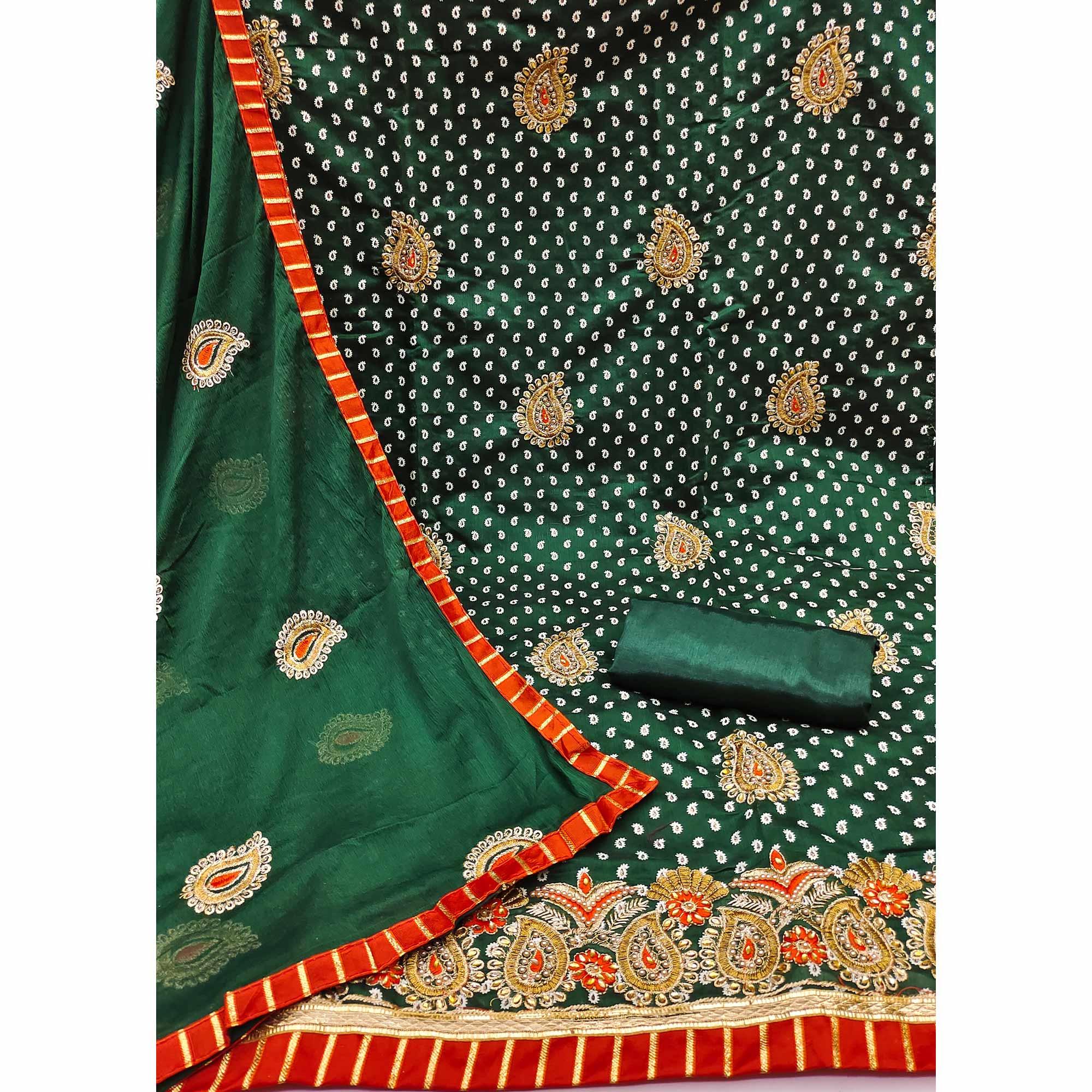 Green Embroidered With Embellished Chanderi Dress Material - Peachmode