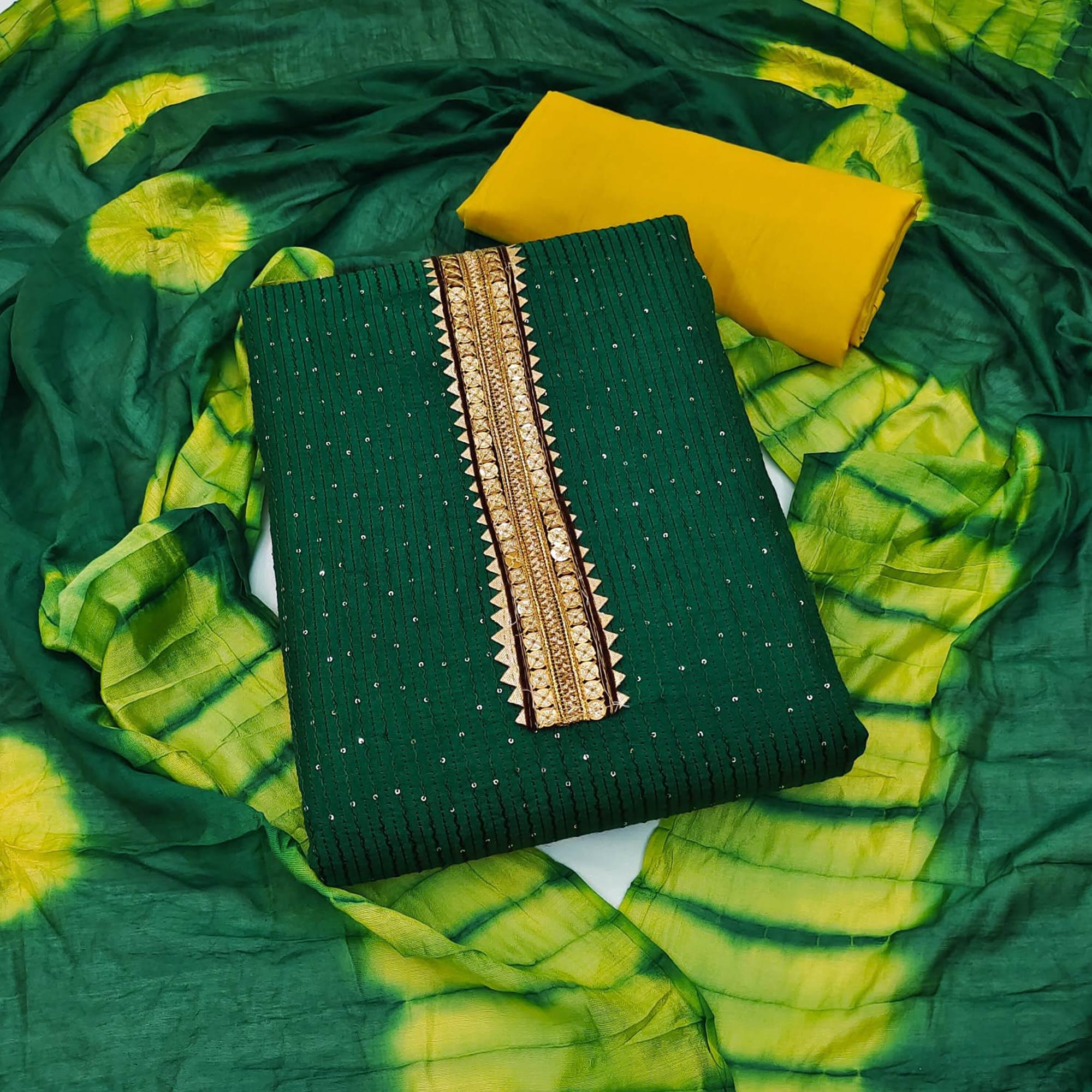 Green Embroidered With Embellished Cotton Blend Dress Material - Peachmode