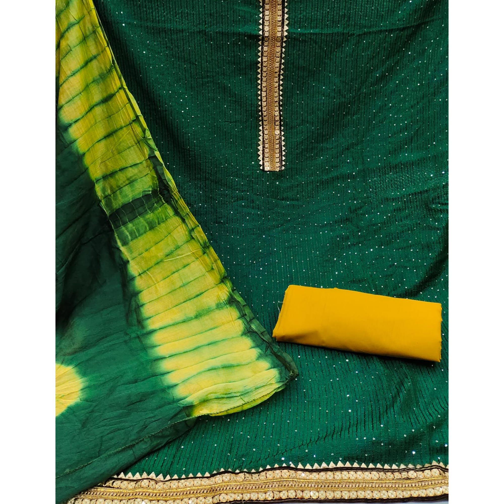 Green Embroidered With Embellished Cotton Blend Dress Material - Peachmode