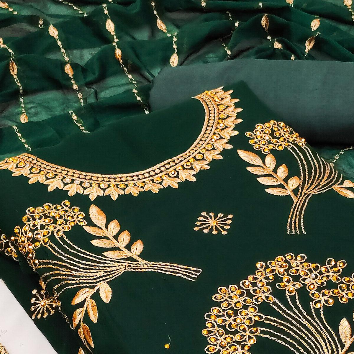 Green Embroidered With Embellished Georgette Dress Material - Peachmode
