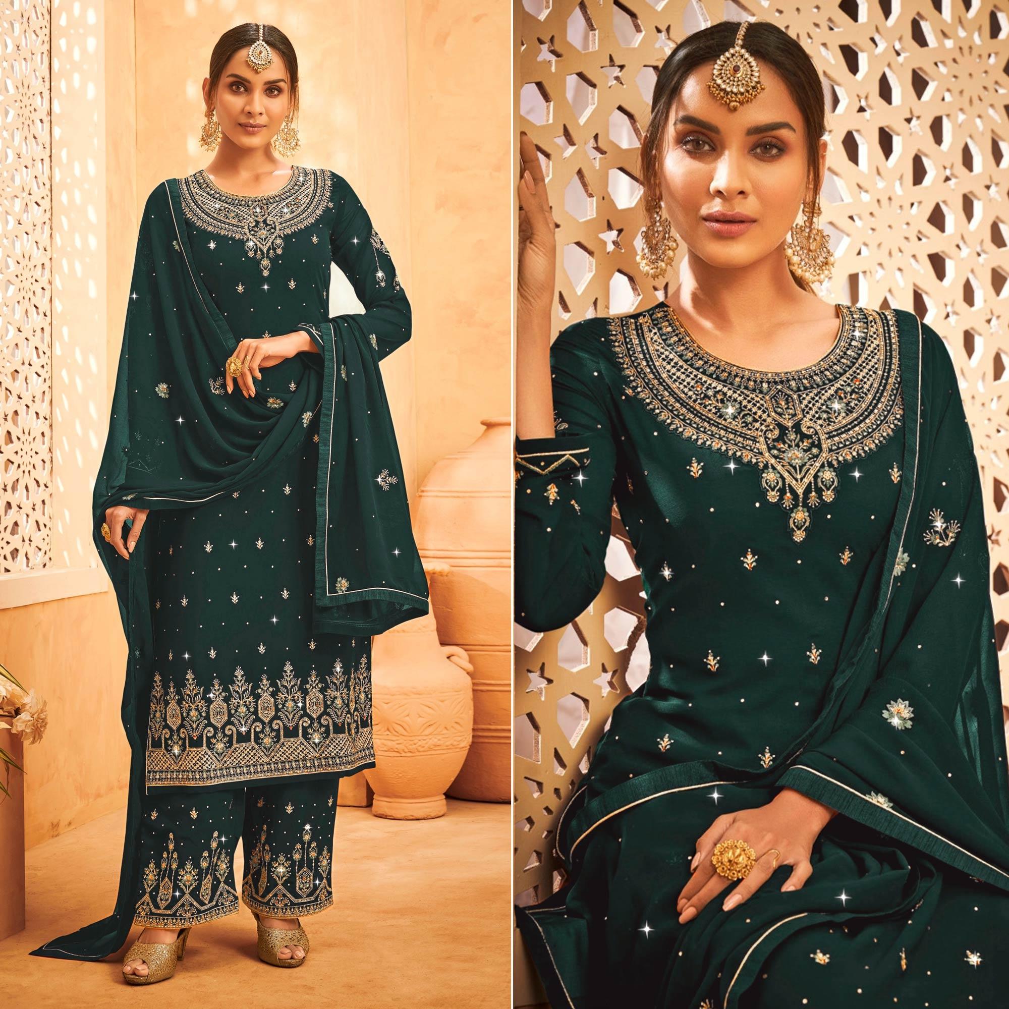 Green Embroidered With Embellished Georgette Palazzo Suit - Peachmode