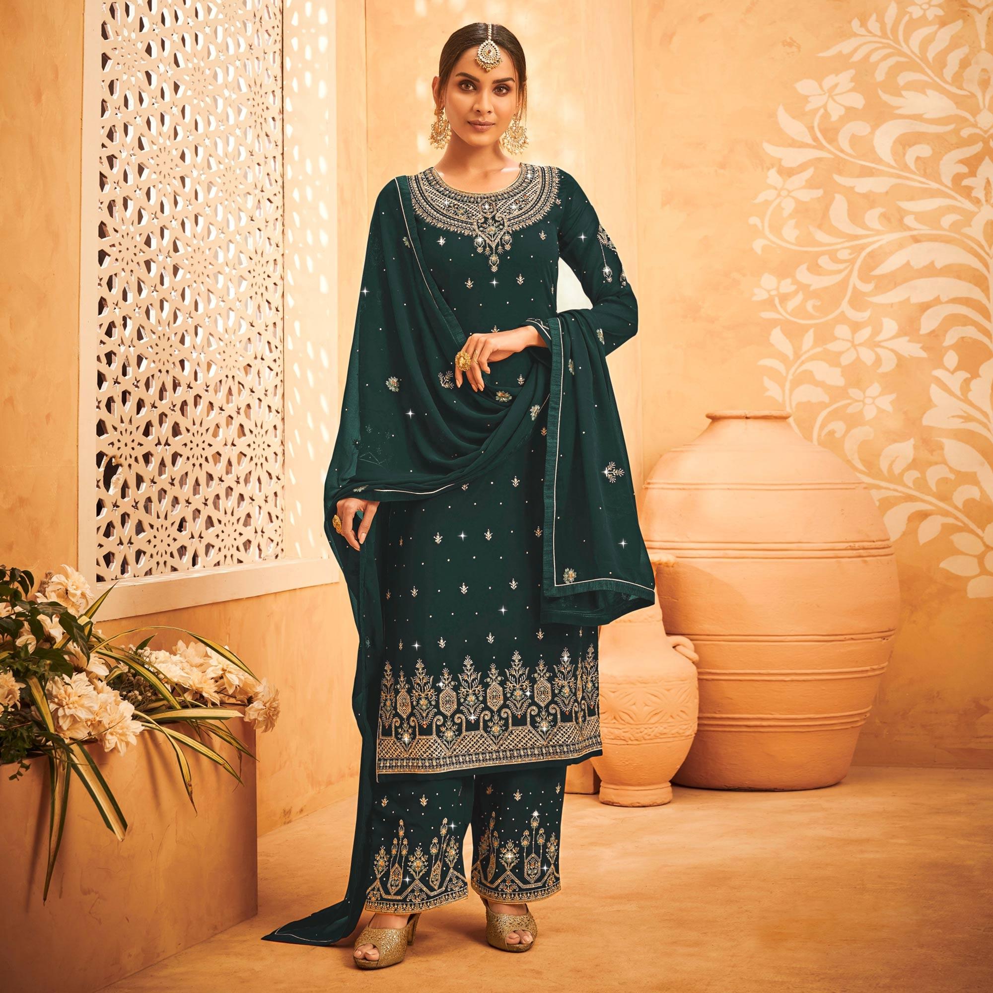 Green Embroidered With Embellished Georgette Palazzo Suit - Peachmode