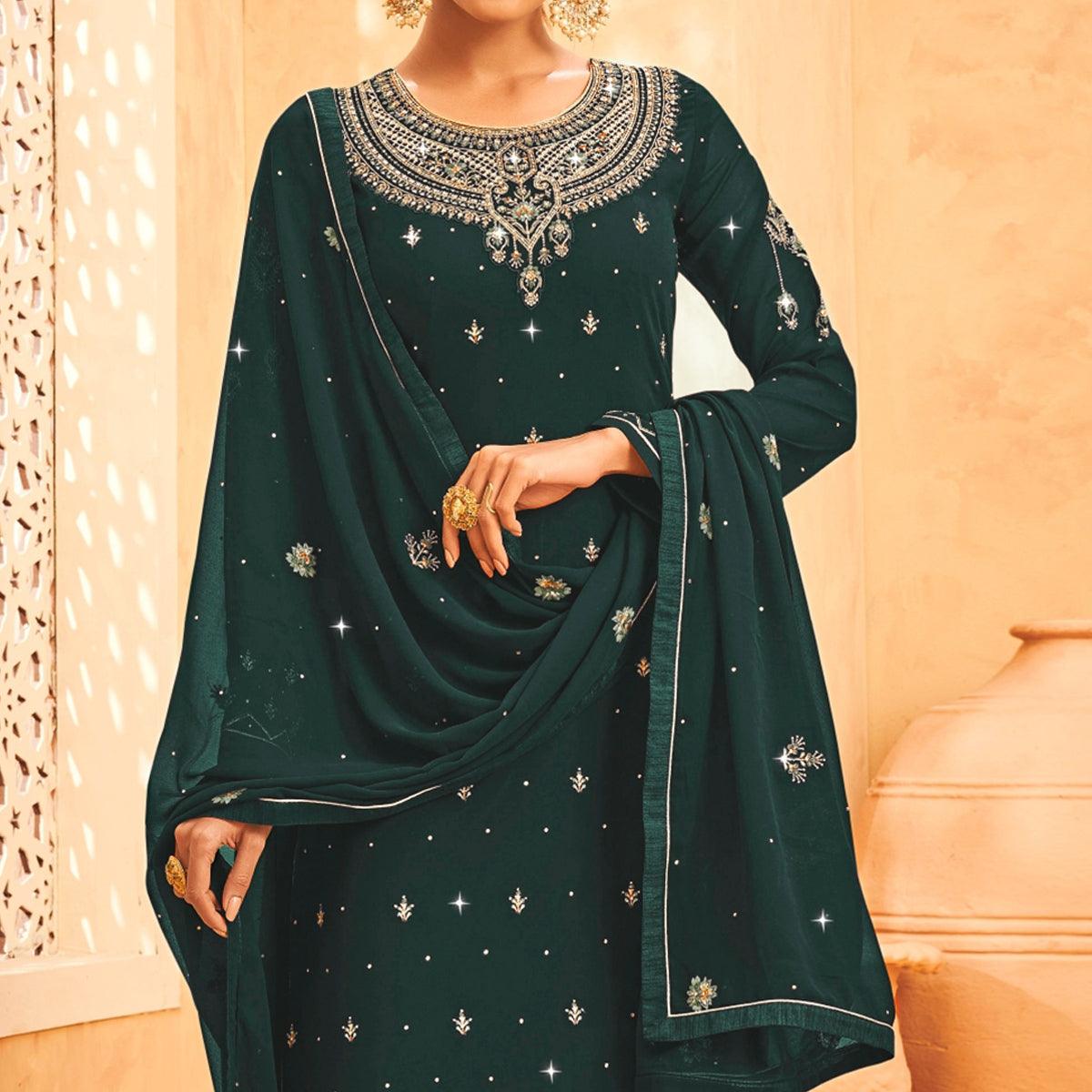 Green Embroidered With Embellished Georgette Palazzo Suit - Peachmode