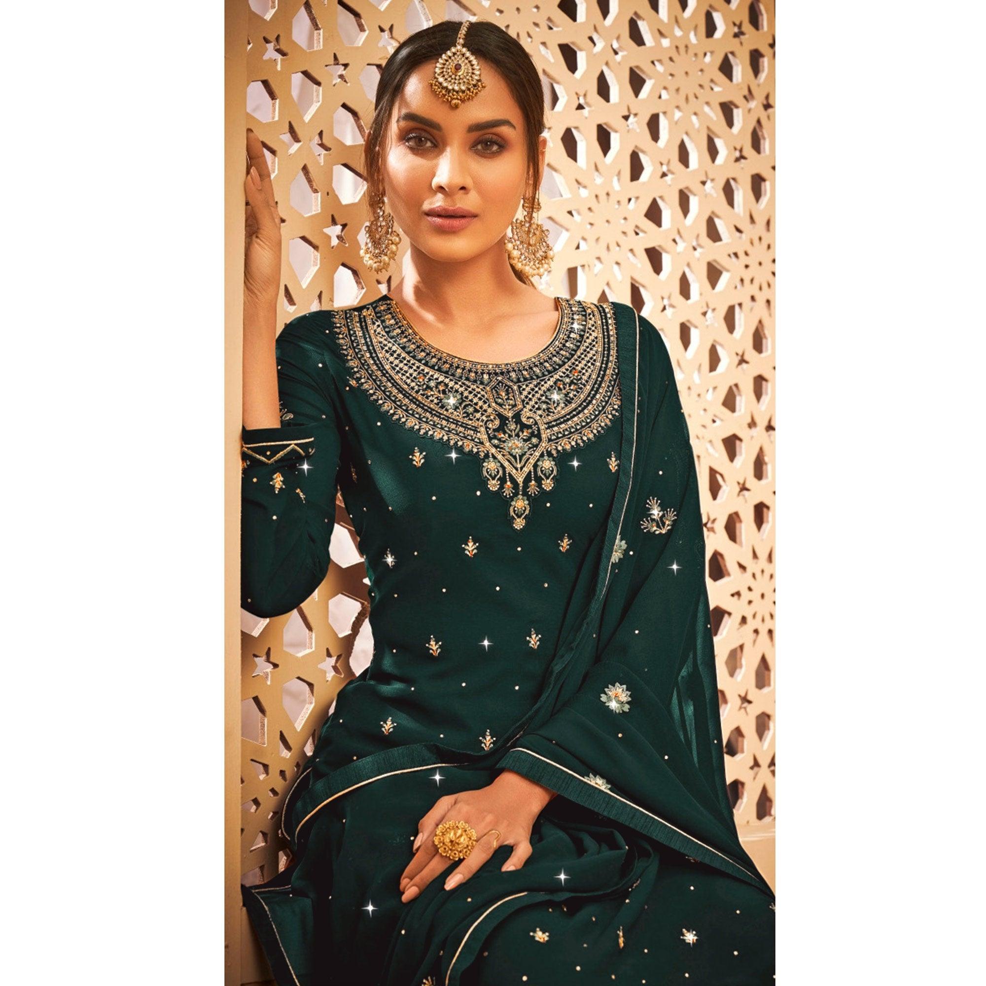 Green Embroidered With Embellished Georgette Palazzo Suit - Peachmode