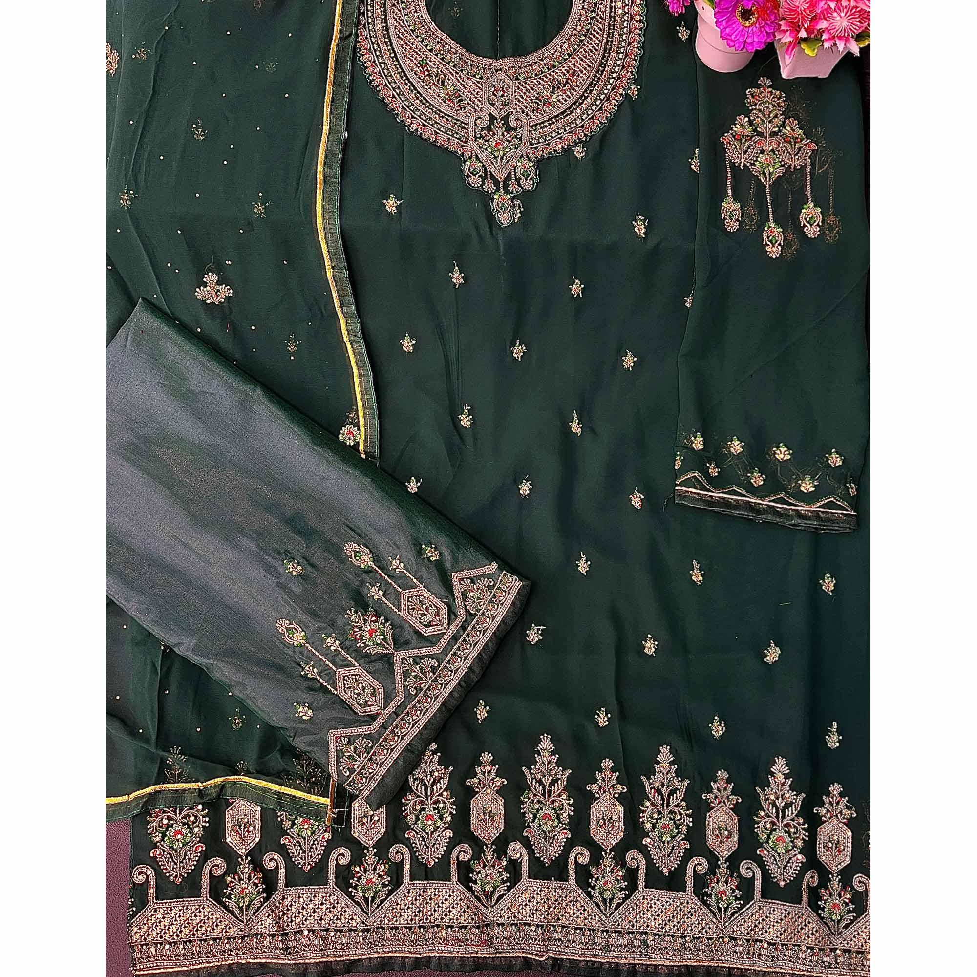 Green Embroidered With Embellished Georgette Palazzo Suit - Peachmode