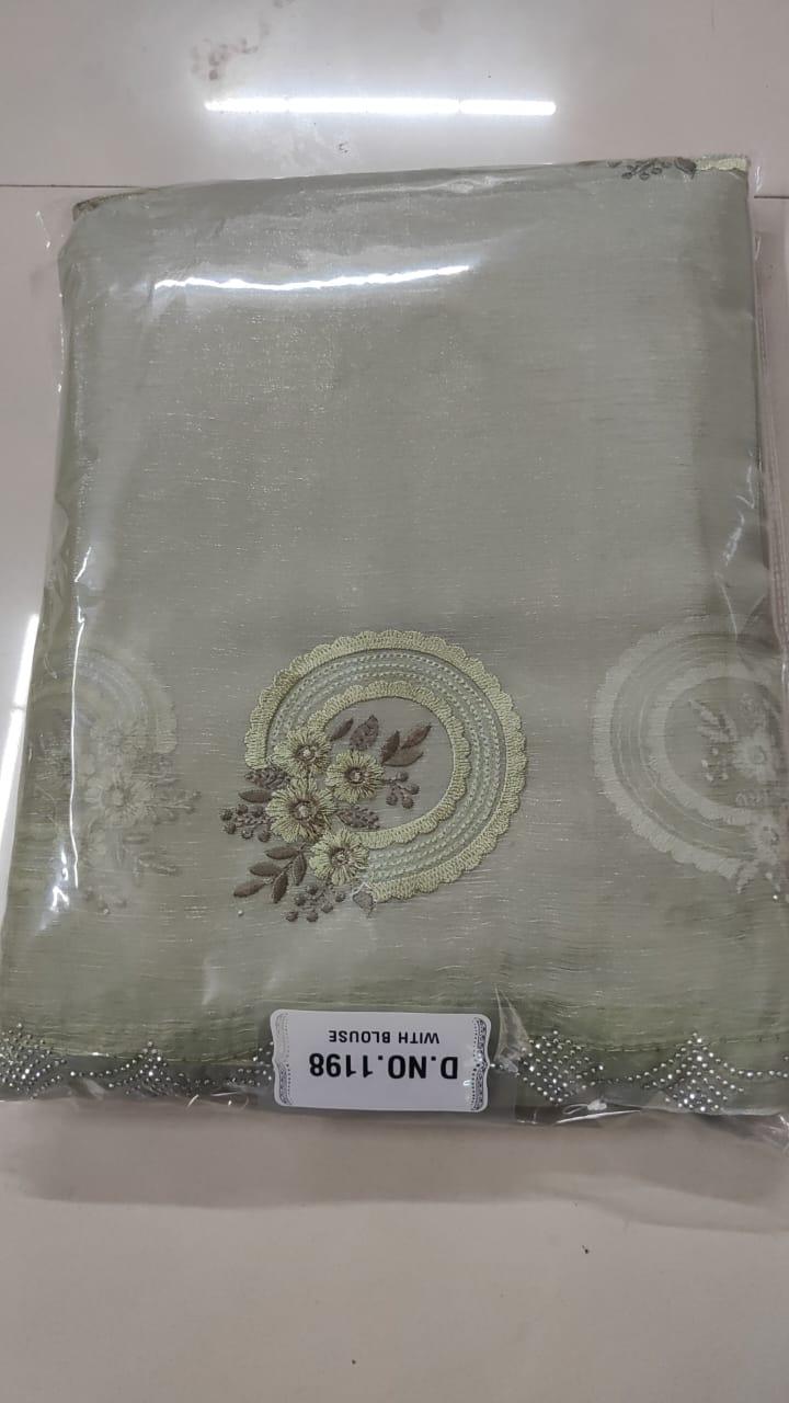 Green Embroidered With Embellished Georgette Saree - Peachmode