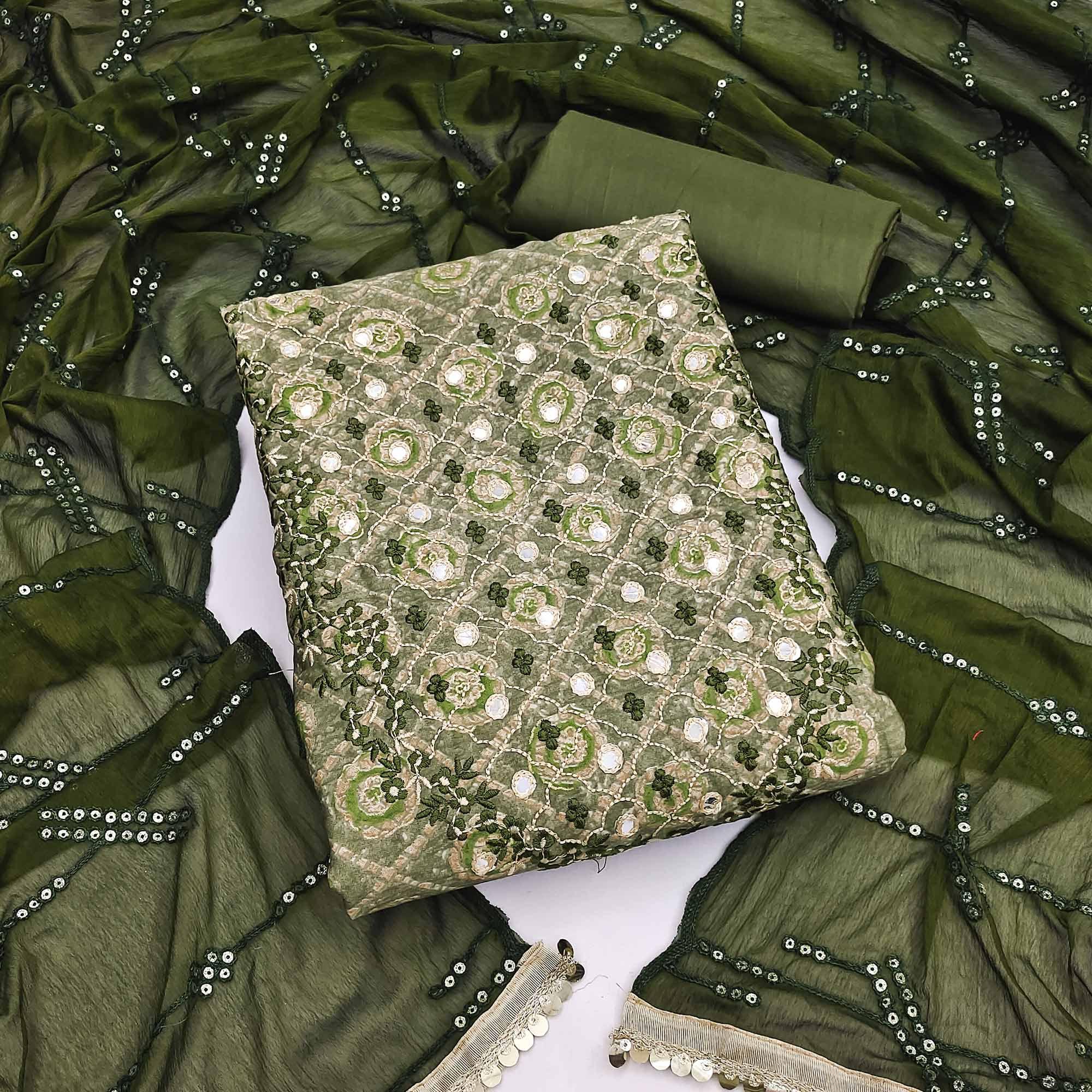 Green Embroidered With Embellished Poly Cotton Dress Material - Peachmode