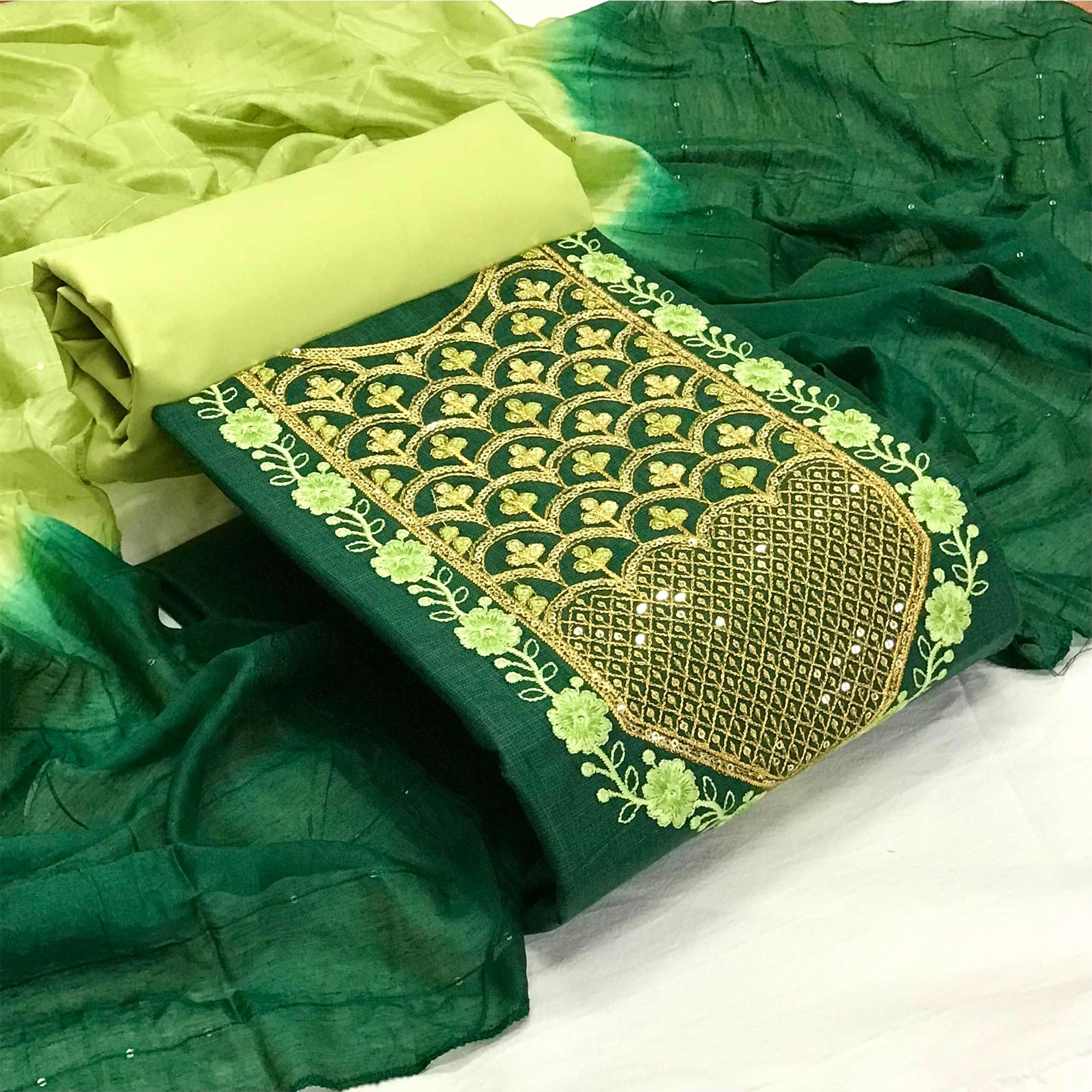 Green Embroidered With Embellished Poly Cotton Dress Material - Peachmode