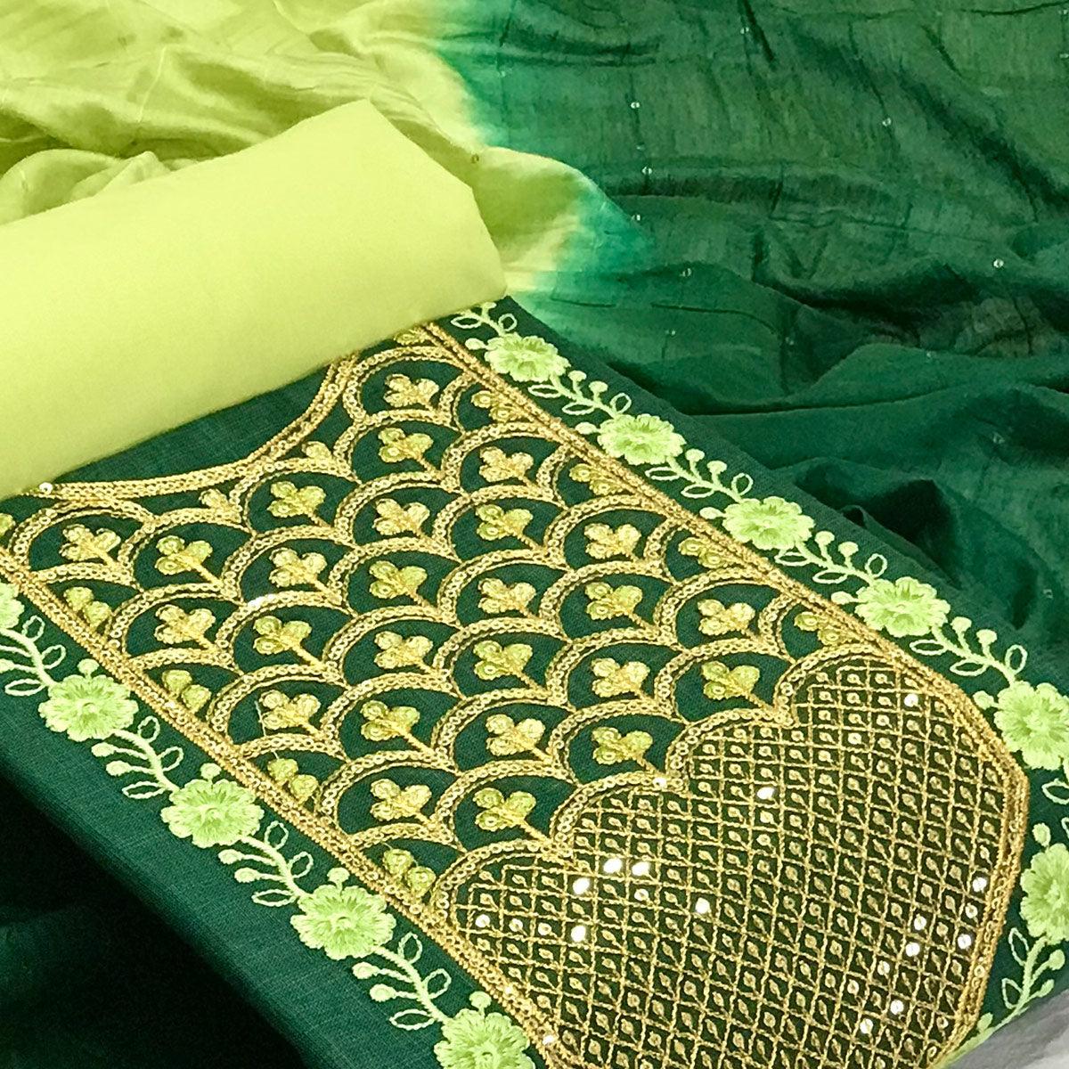 Green Embroidered With Embellished Poly Cotton Dress Material - Peachmode