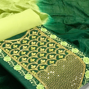 Green Embroidered With Embellished Poly Cotton Dress Material - Peachmode