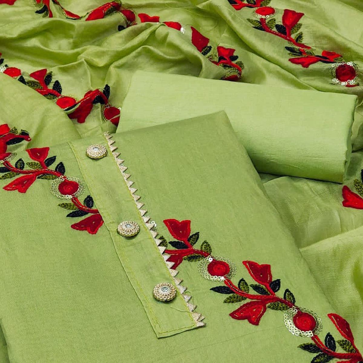 Green Embroidered With Embellished Poly Cotton Dress Material - Peachmode