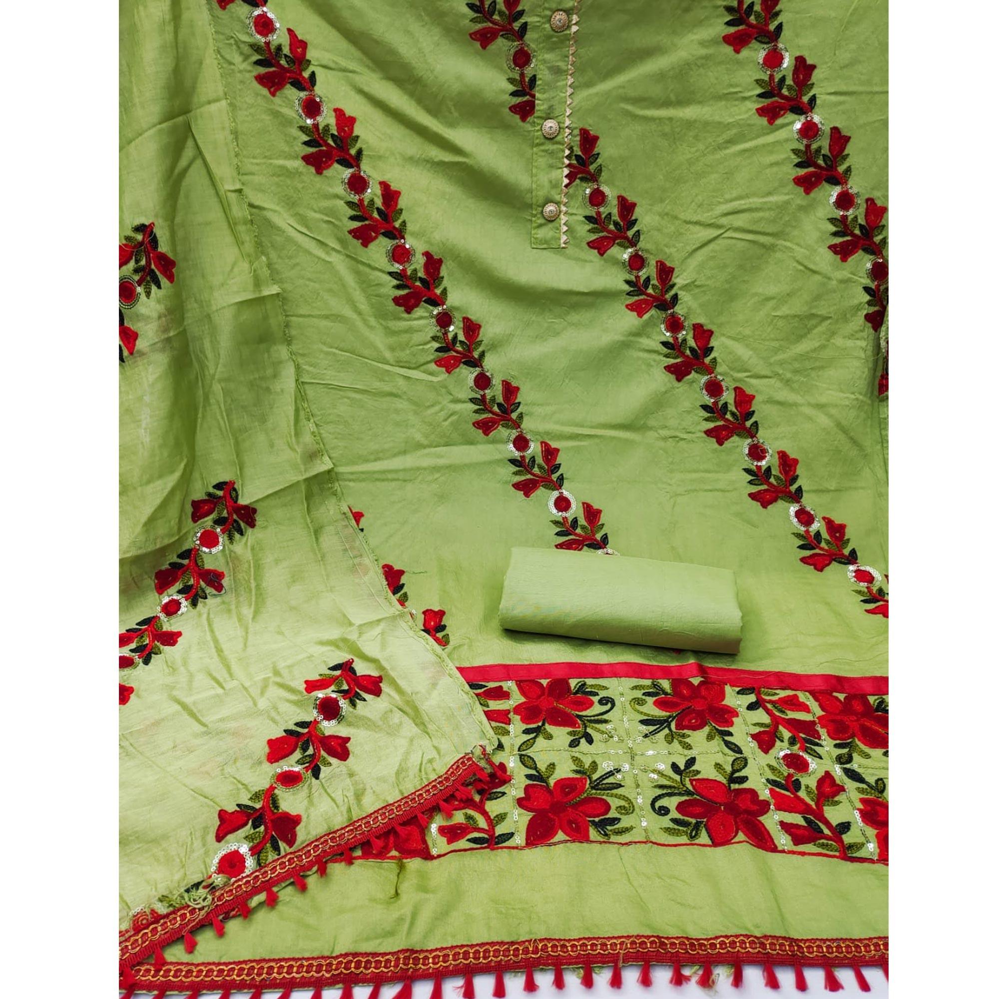 Green Embroidered With Embellished Poly Cotton Dress Material - Peachmode