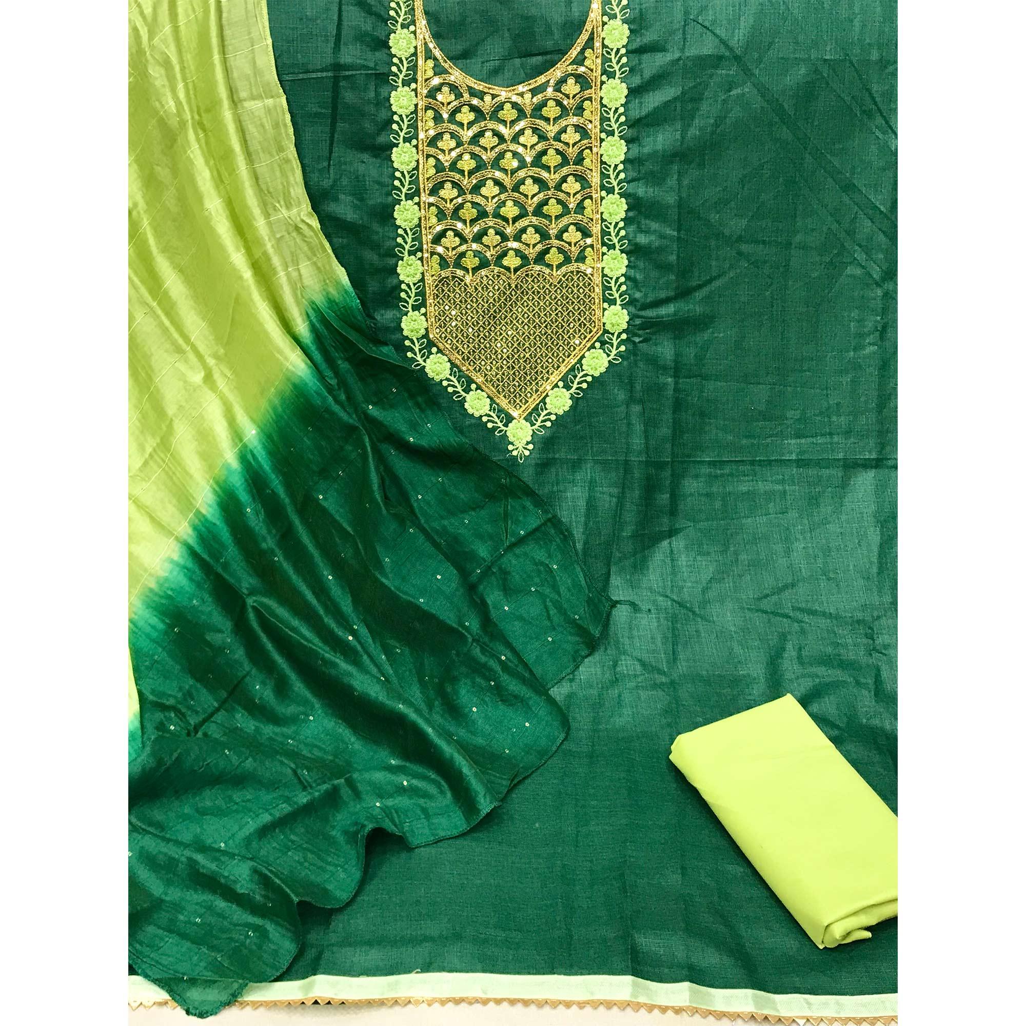 Green Embroidered With Embellished Poly Cotton Dress Material - Peachmode