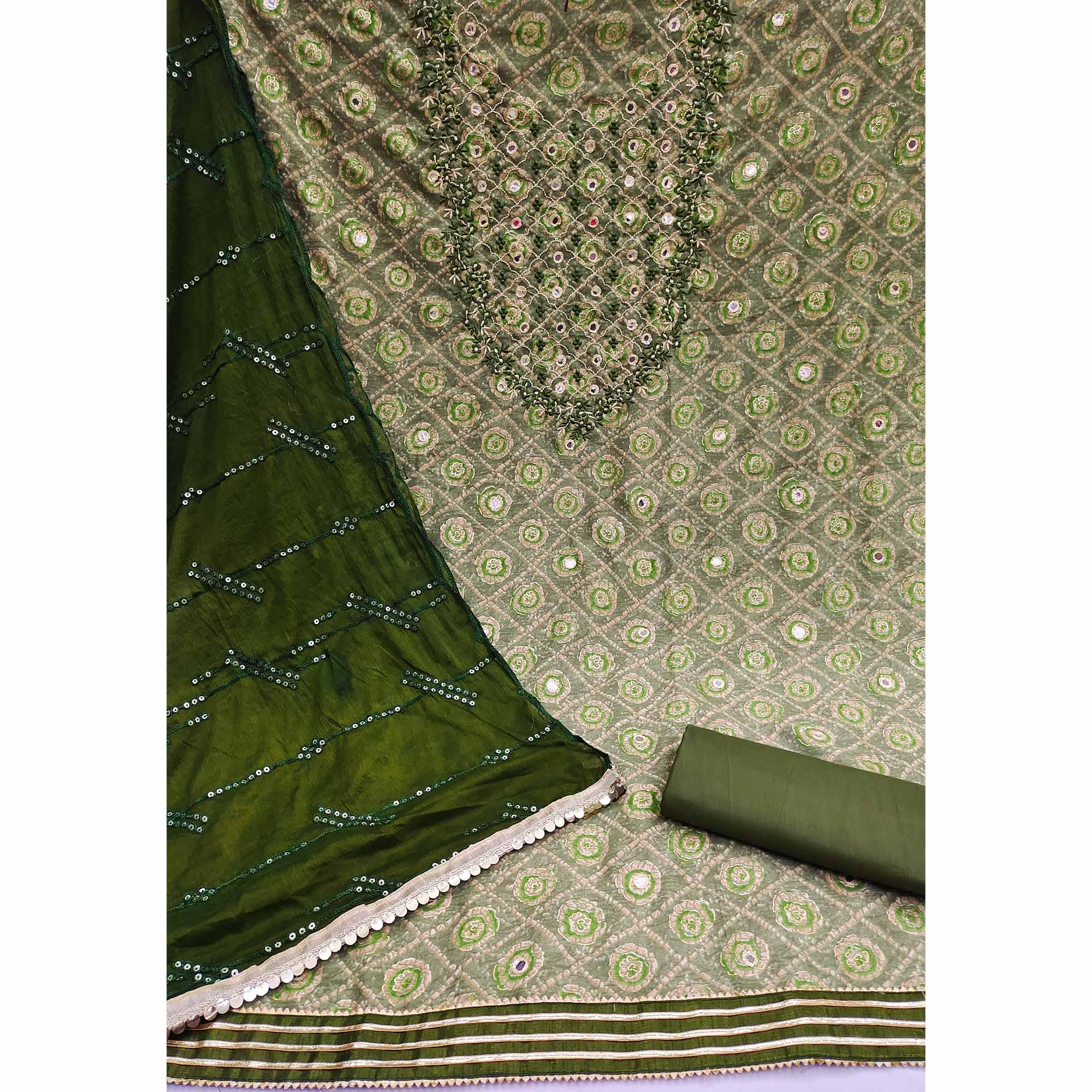 Green Embroidered With Embellished Poly Cotton Dress Material - Peachmode