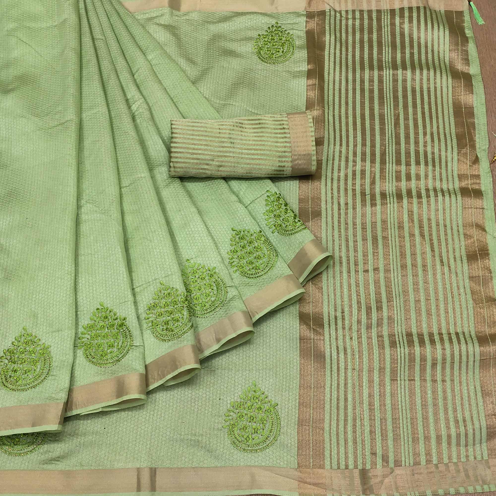 Green Embroidered With Embellished Poly Cotton Saree - Peachmode