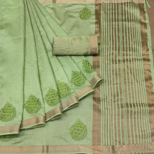 Green Embroidered With Embellished Poly Cotton Saree - Peachmode