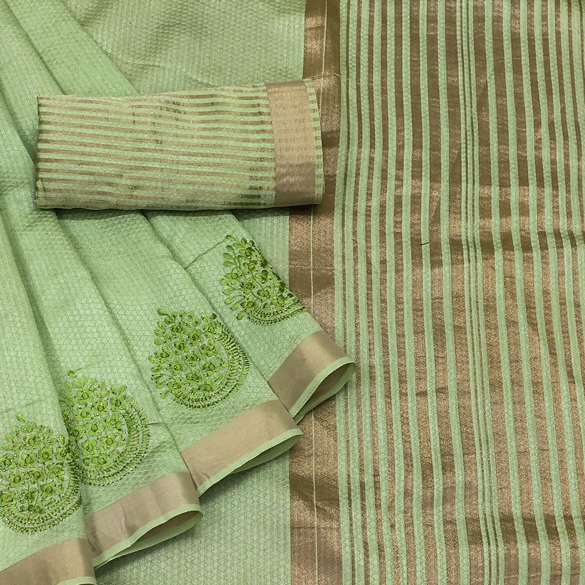 Green Embroidered With Embellished Poly Cotton Saree - Peachmode