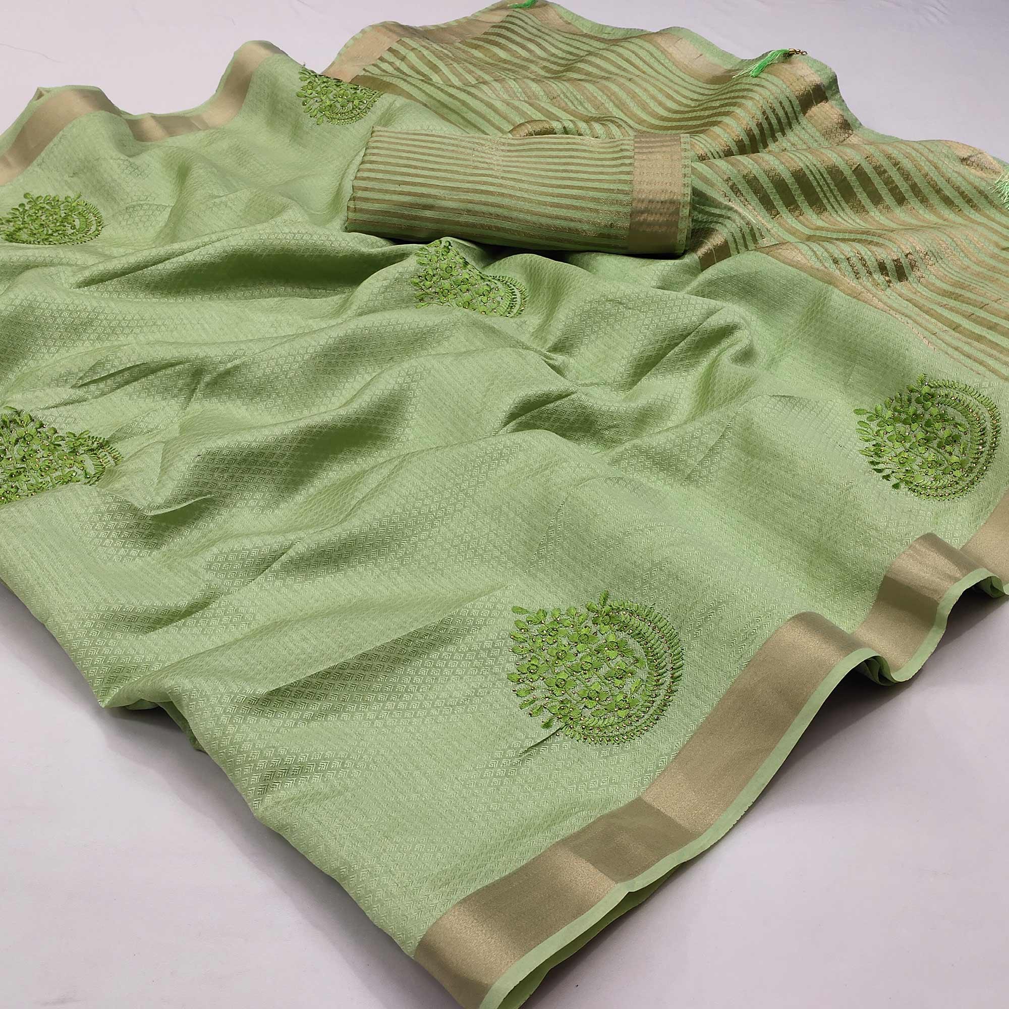 Green Embroidered With Embellished Poly Cotton Saree - Peachmode