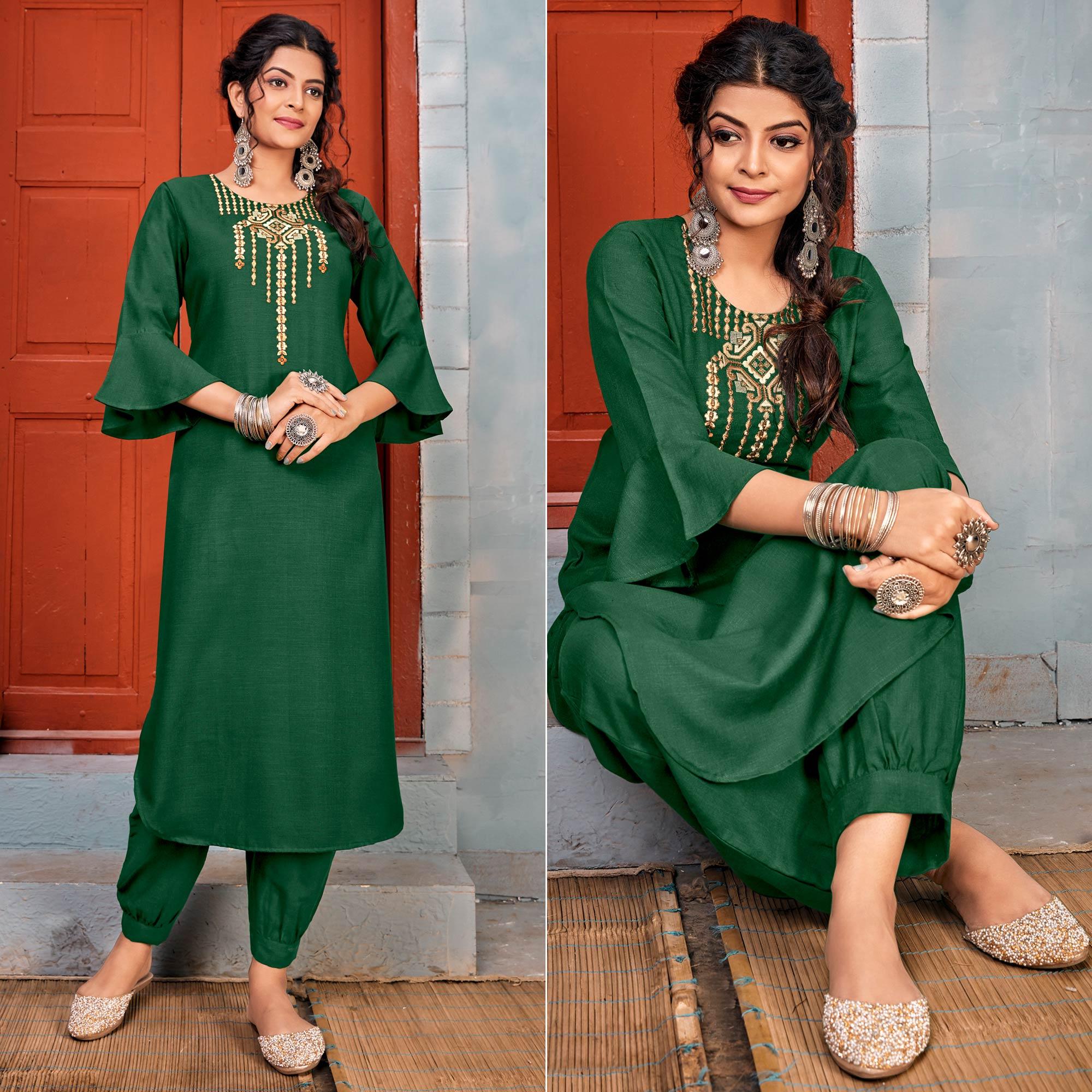 Green Embroidered With Embellished Rayon Kurti Pant Set - Peachmode