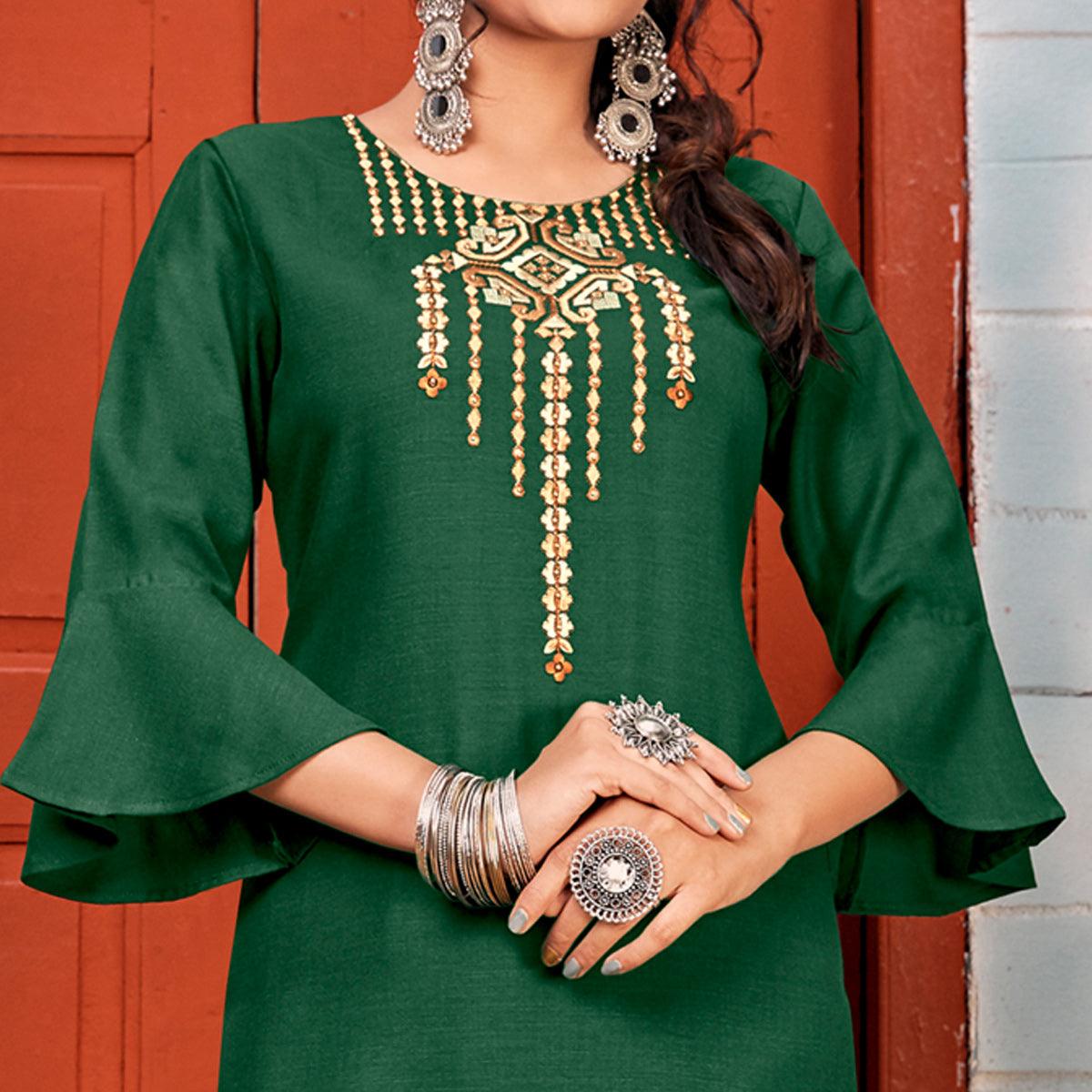 Green Embroidered With Embellished Rayon Kurti Pant Set - Peachmode