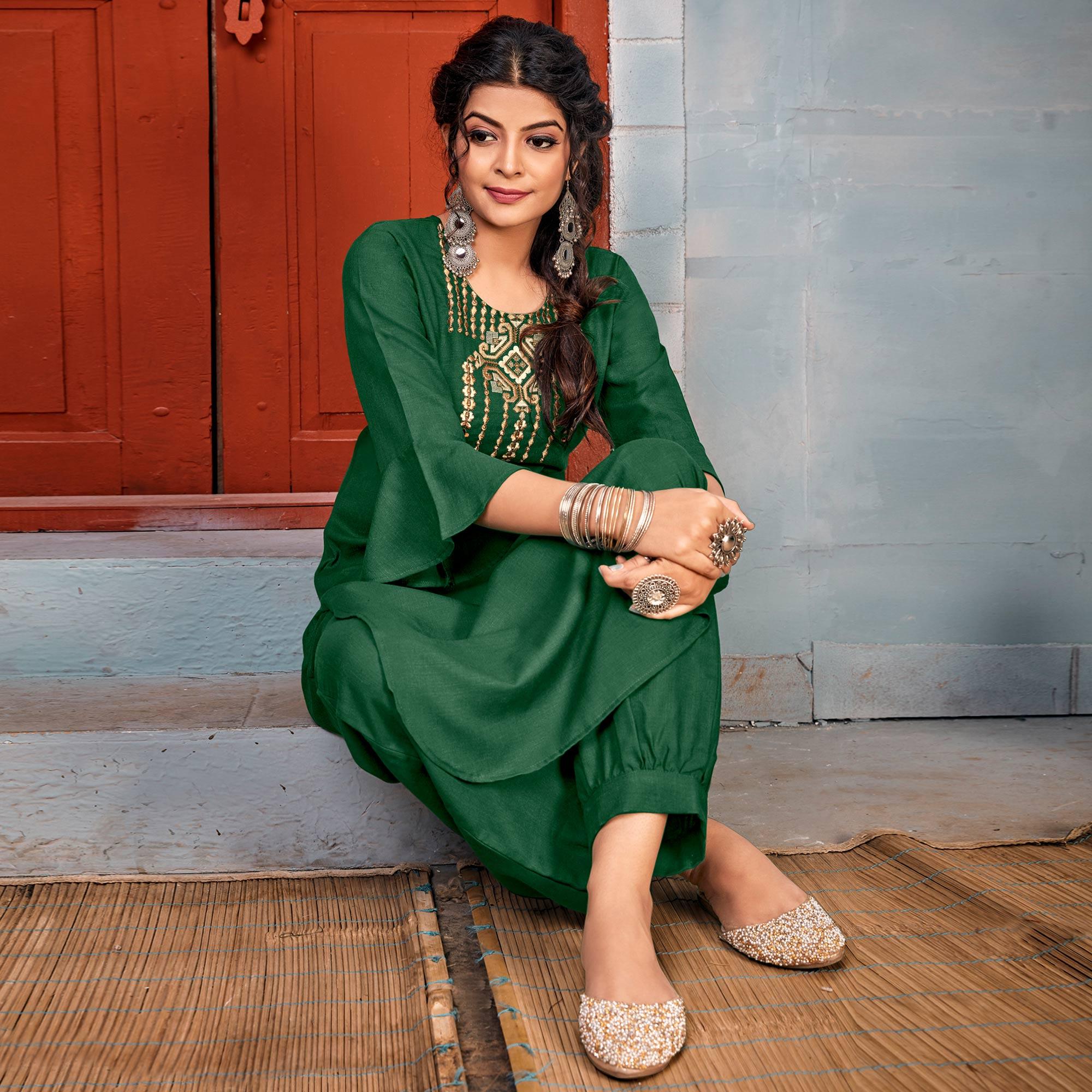 Green Embroidered With Embellished Rayon Kurti Pant Set - Peachmode