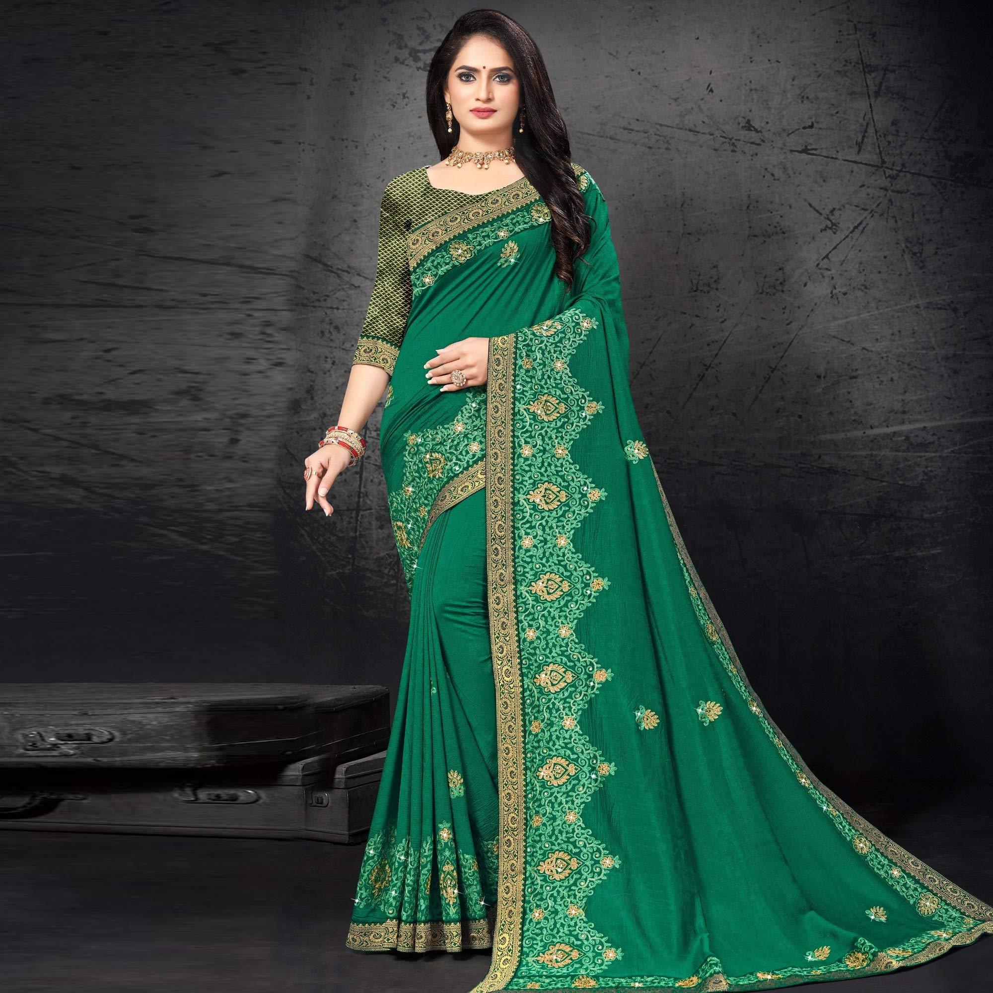 Green Embroidered With Embellished Vichitra Silk Saree - Peachmode
