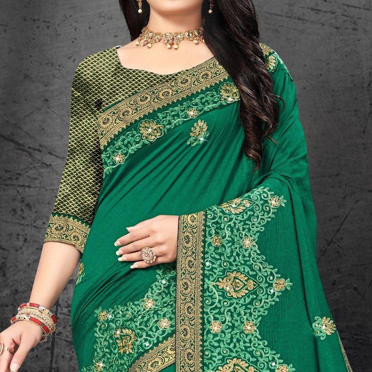 Green Embroidered With Embellished Vichitra Silk Saree - Peachmode