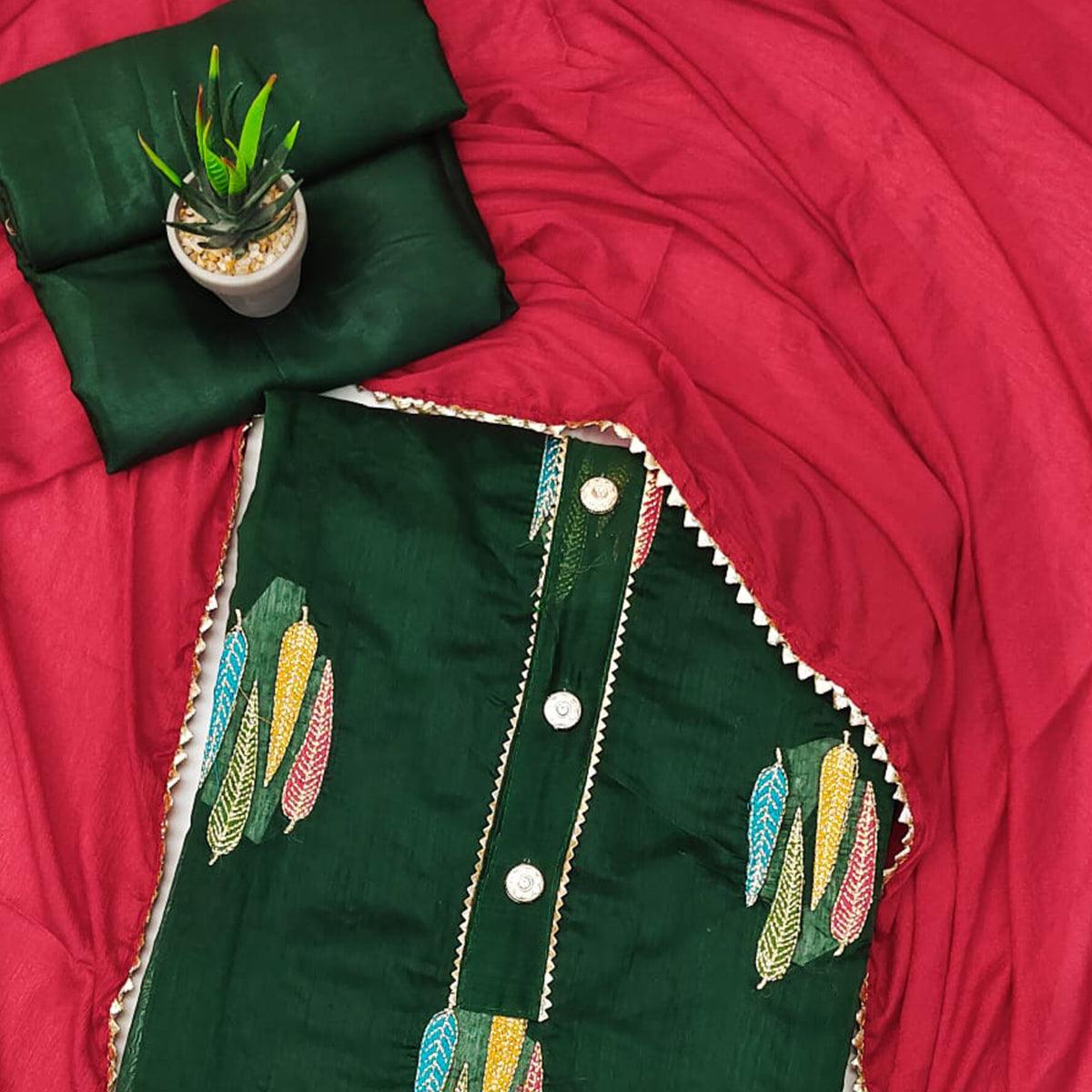 Green Embroidered With Gota Patti Work Chanderi Dress Material - Peachmode