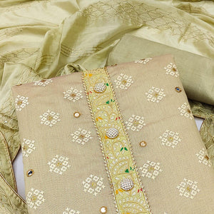 Green Embroidered With Mirror Work Chanderi Dress Material - Peachmode