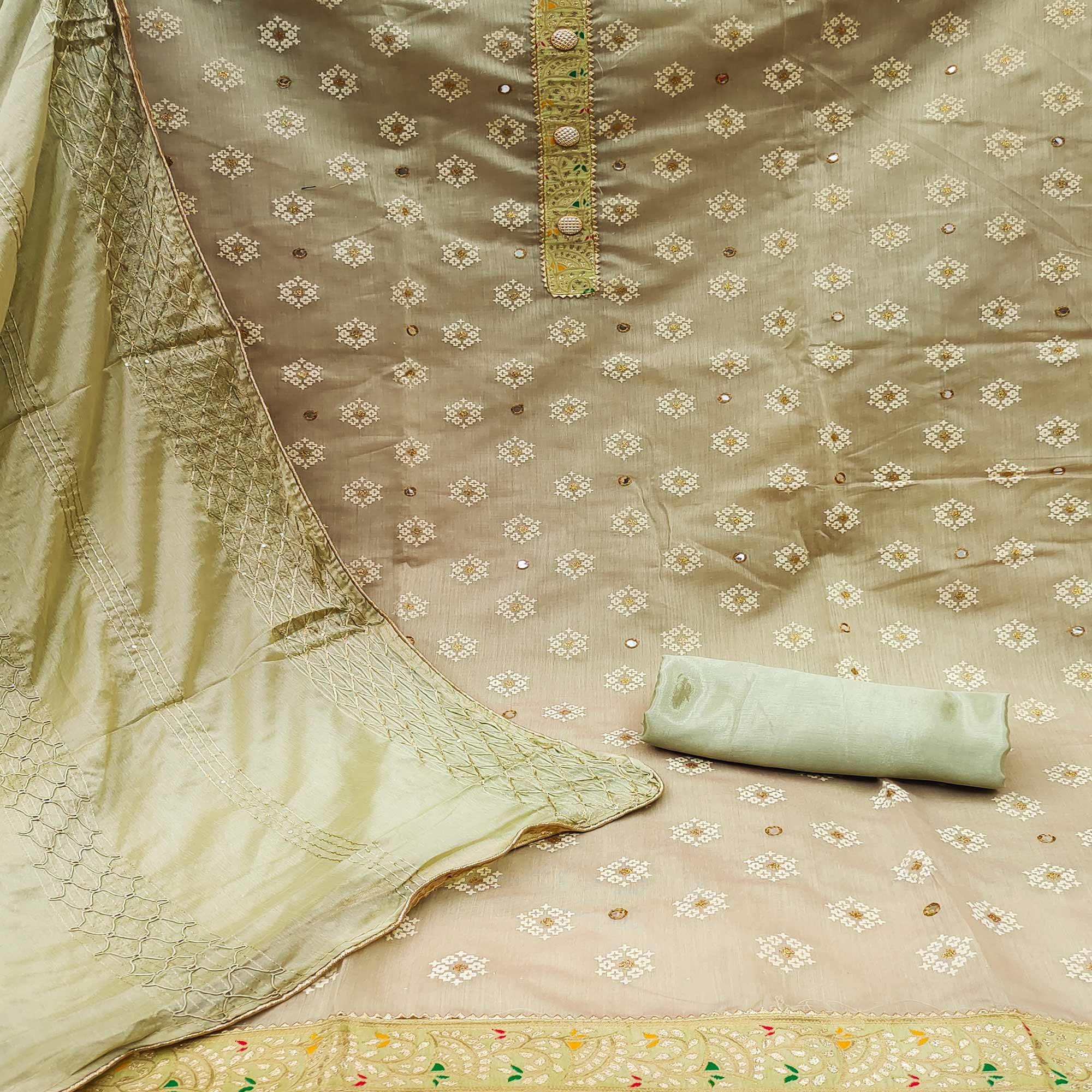 Green Embroidered With Mirror Work Chanderi Dress Material - Peachmode