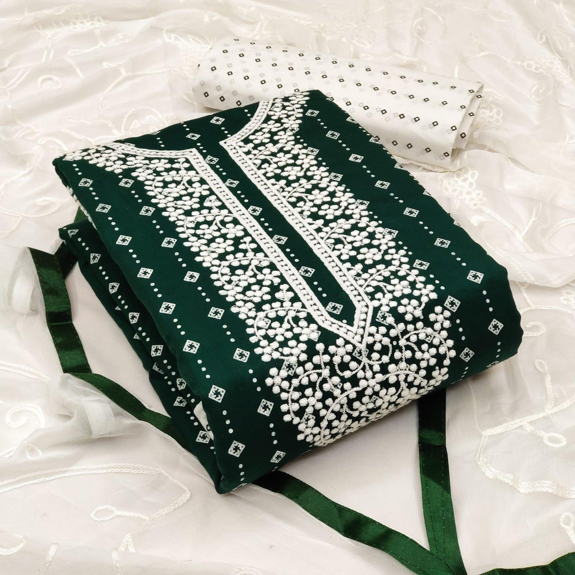 Green Embroidered With Printed Rayon Dress Material - Peachmode